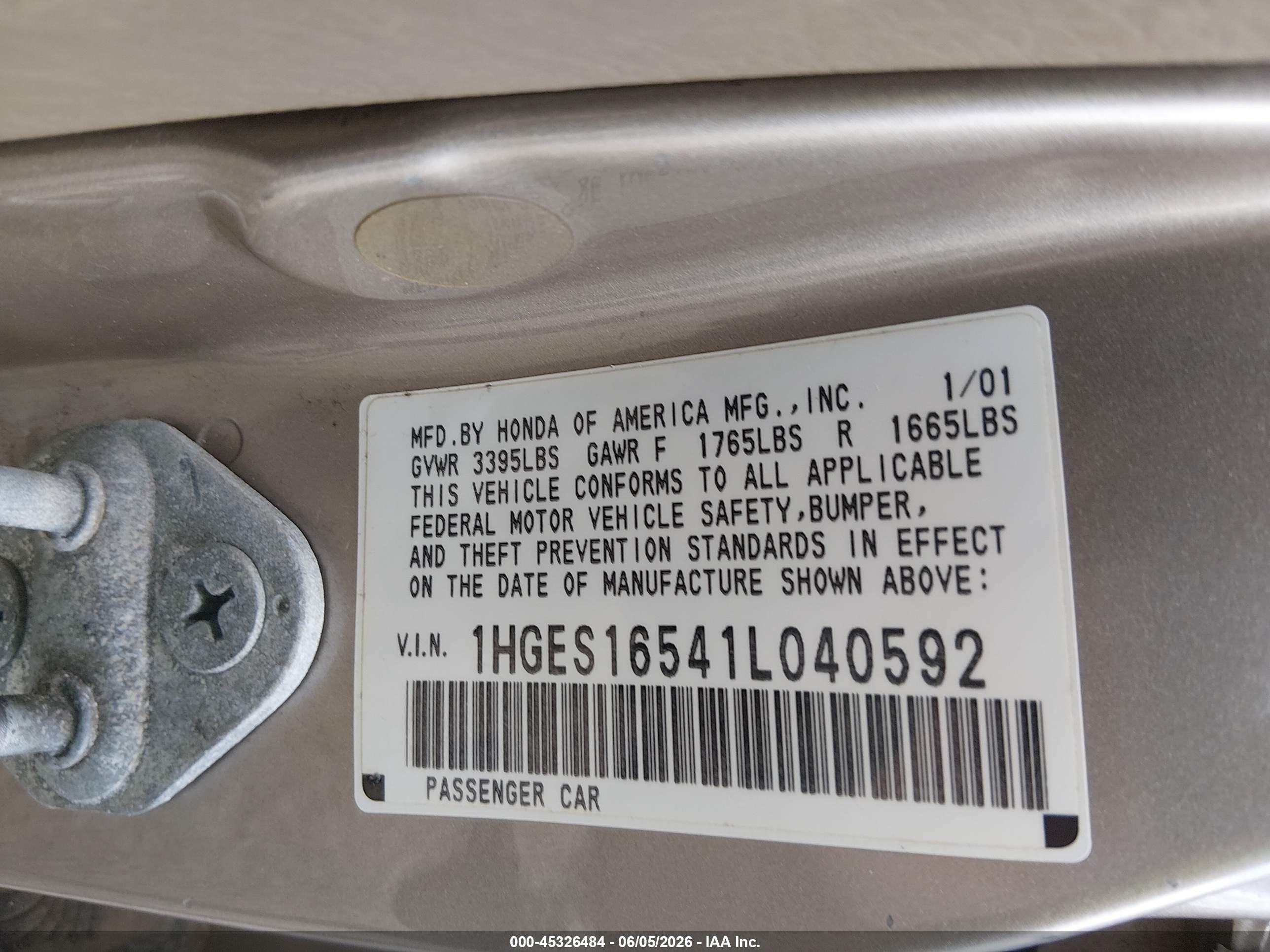 2001 Honda Civic Lx Серый vin: 1HGES16541L040592