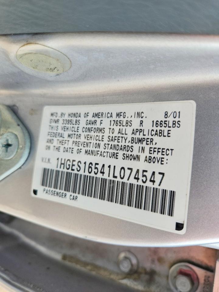 2001 Honda Civic Lx Серебряный vin: 1HGES16541L074547