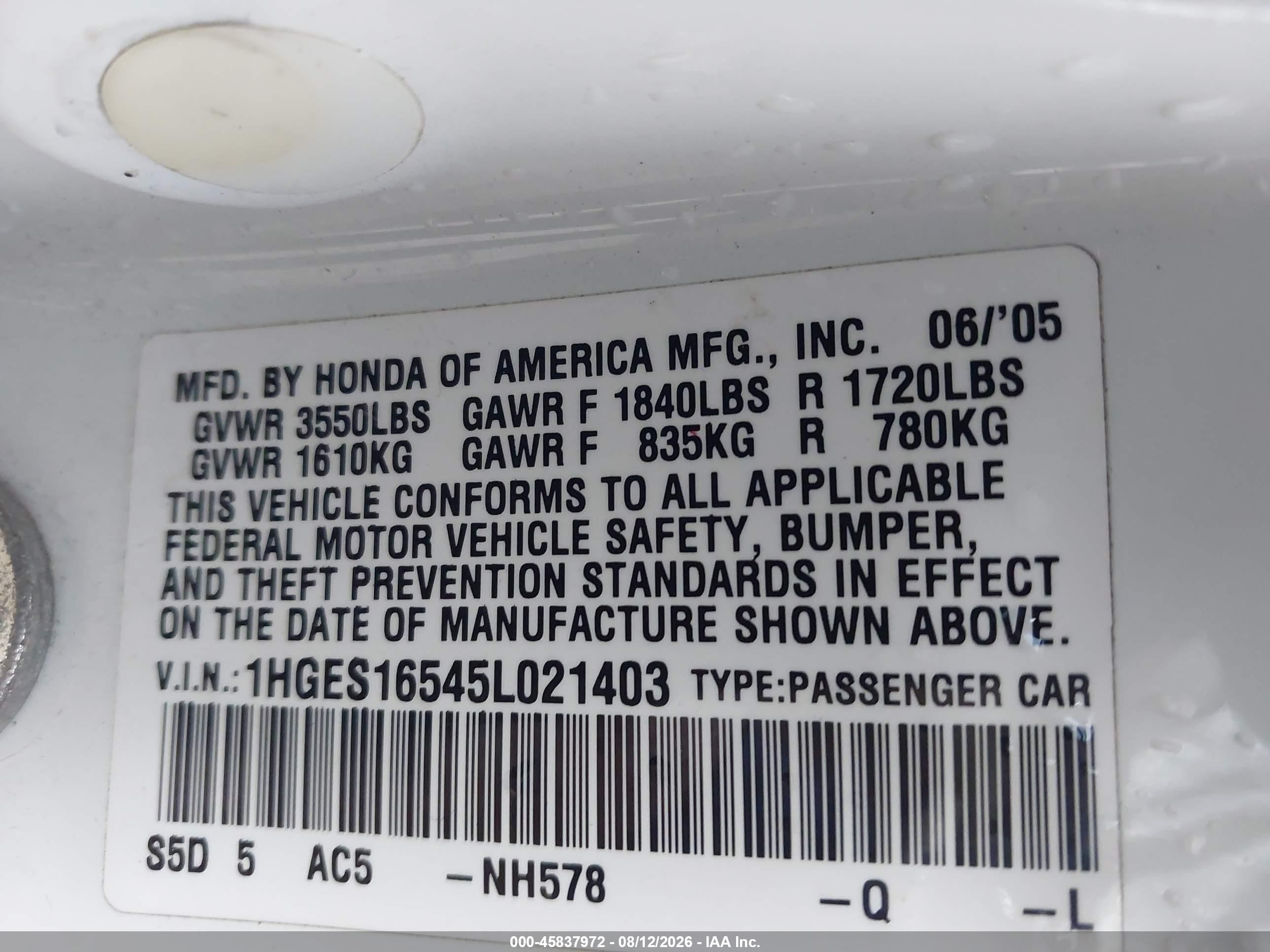 2005 Honda Civic Lx White vin: 1HGES16545L021403