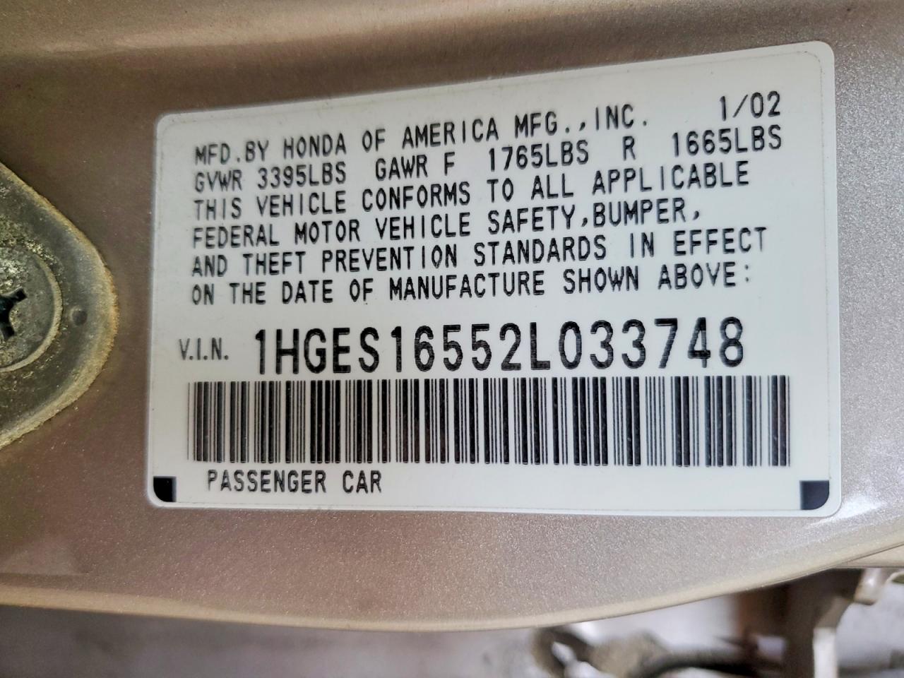 2002 Honda Civic Lx Tan vin: 1HGES16552L033748