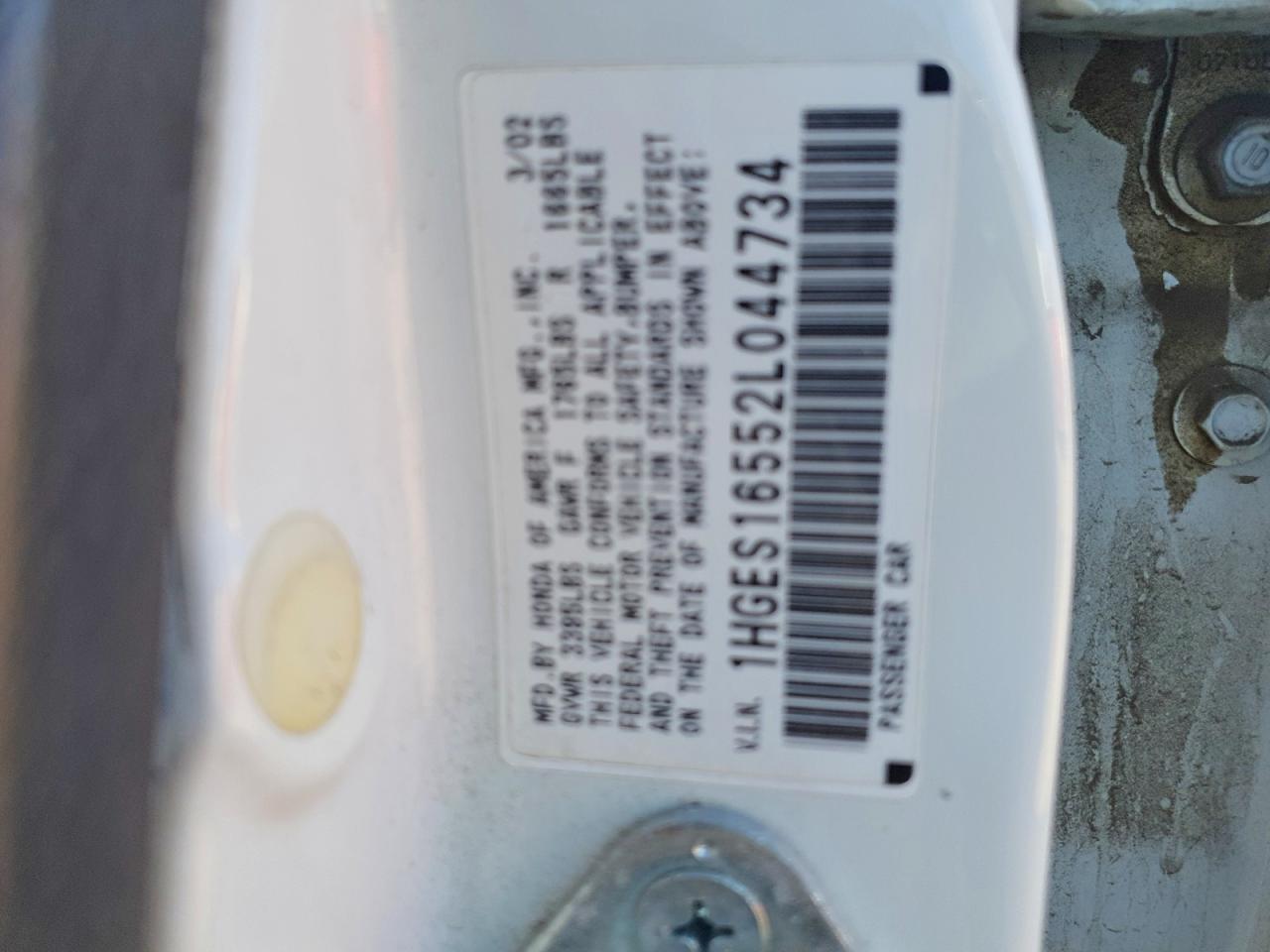 2002 Honda Civic Lx White vin: 1HGES16552L044734