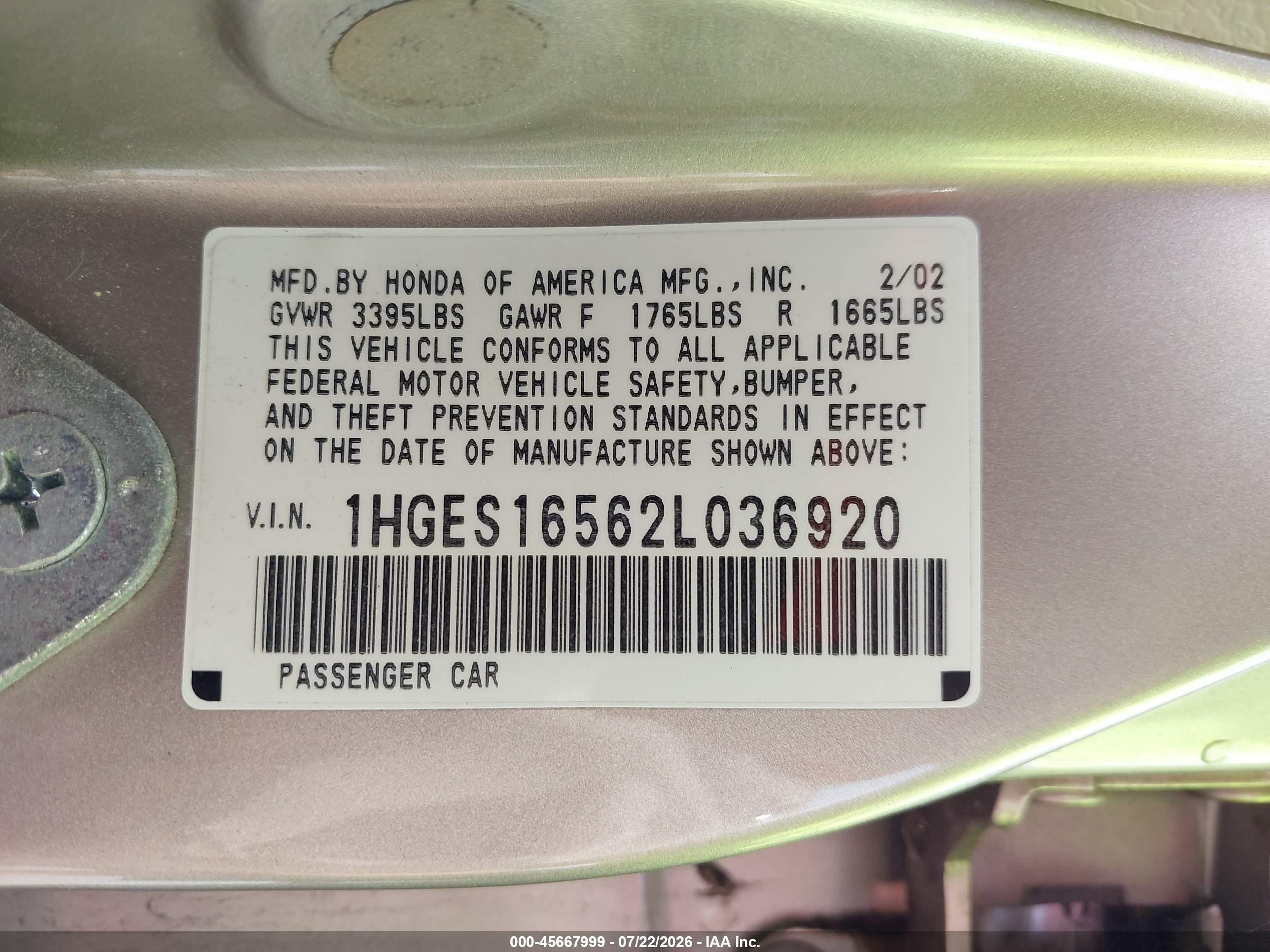 2002 Honda Civic Lx Gold vin: 1HGES16562L036920