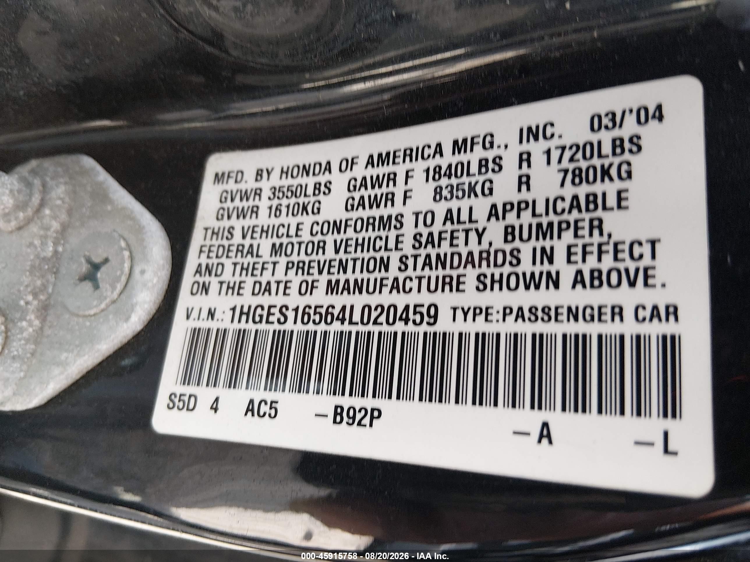 2004 Honda Civic Lx Black vin: 1HGES16564L020459