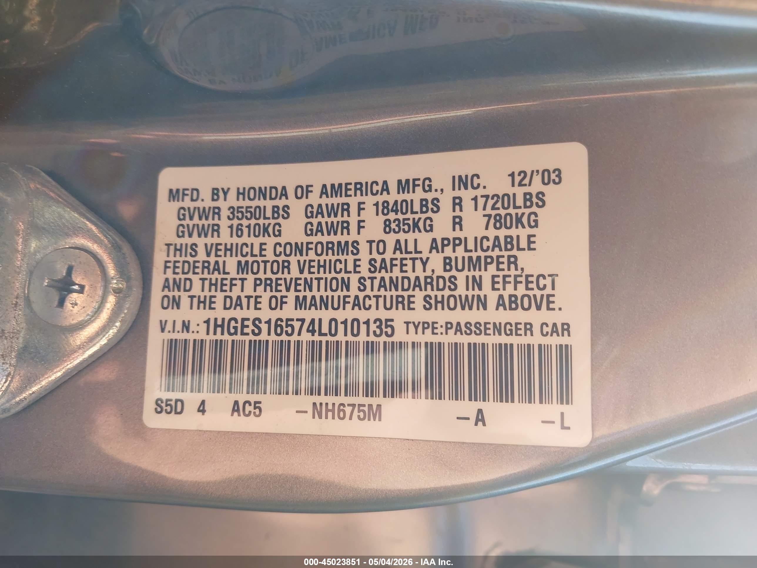 2004 Honda Civic Lx Silver vin: 1HGES16574L010135