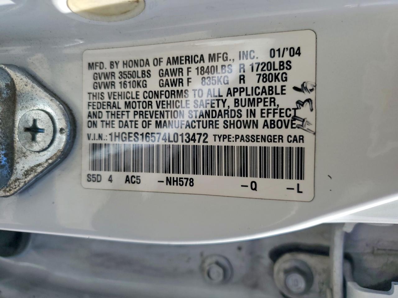 2004 Honda Civic Lx Белый vin: 1HGES16574L013472