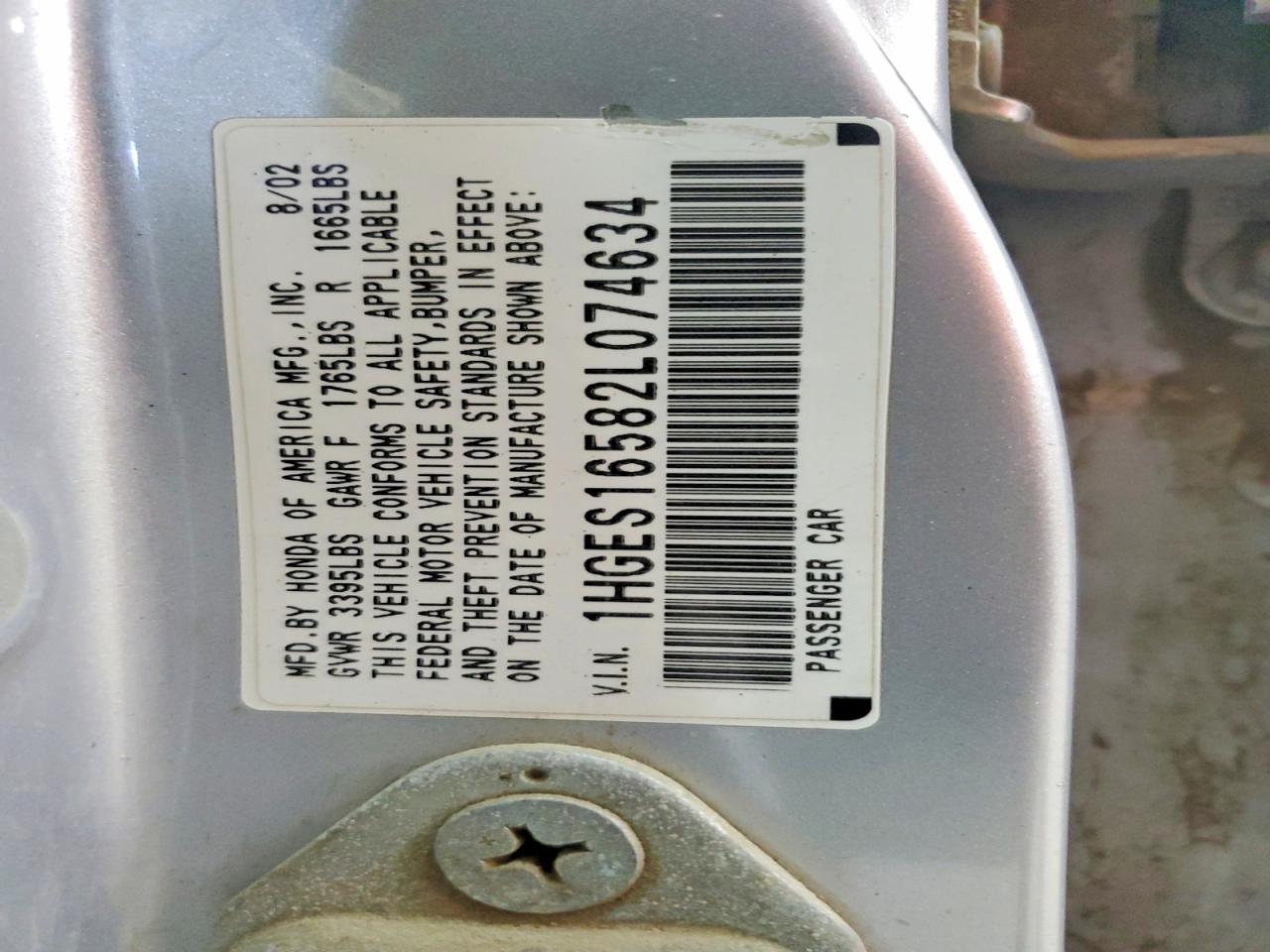 2002 Honda Civic Lx Gray vin: 1HGES16582L074634