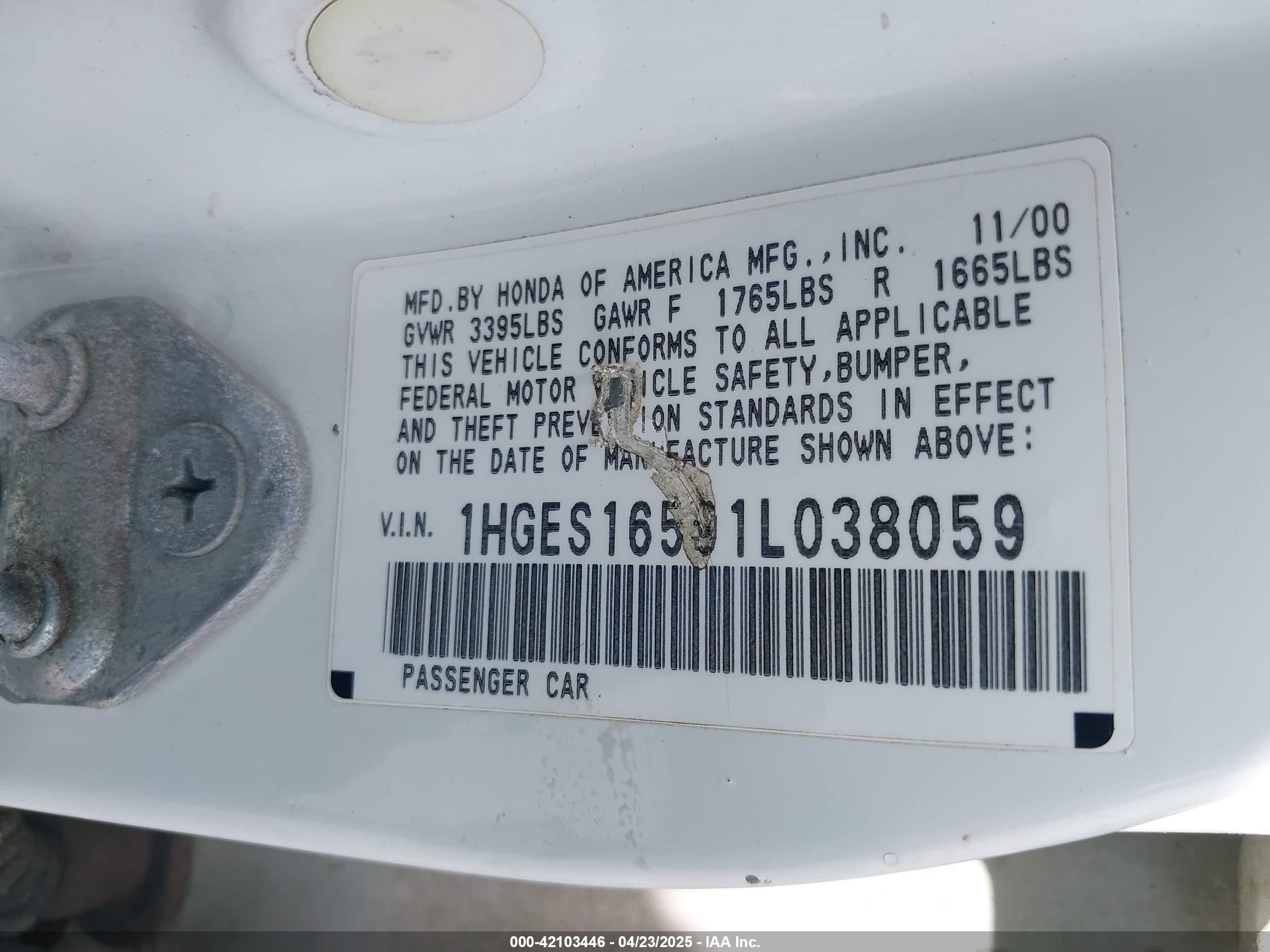 2001 Honda Civic Lx White vin: 1HGES16591L038059