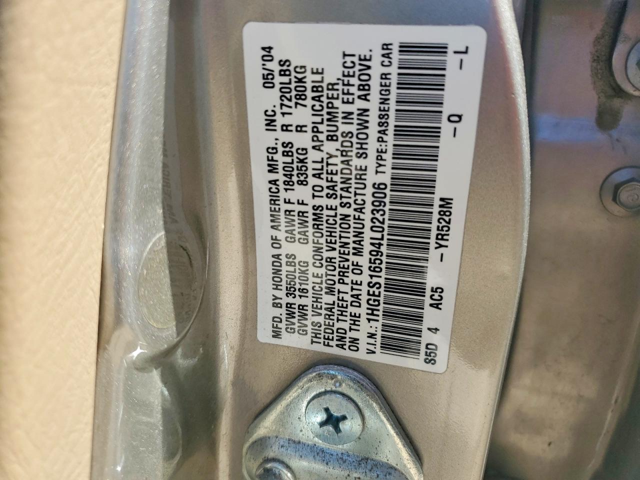 2004 Honda Civic Lx Silver vin: 1HGES16594L023906