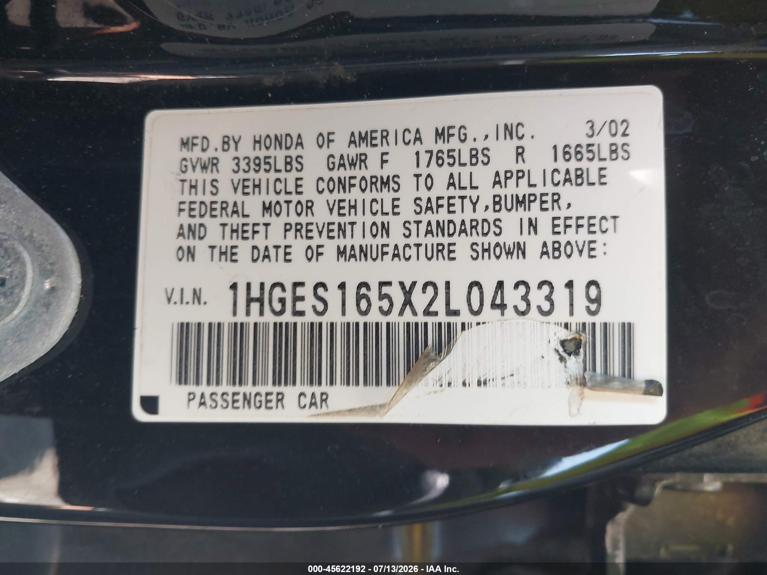 2002 Honda Civic Lx Black vin: 1HGES165X2L043319