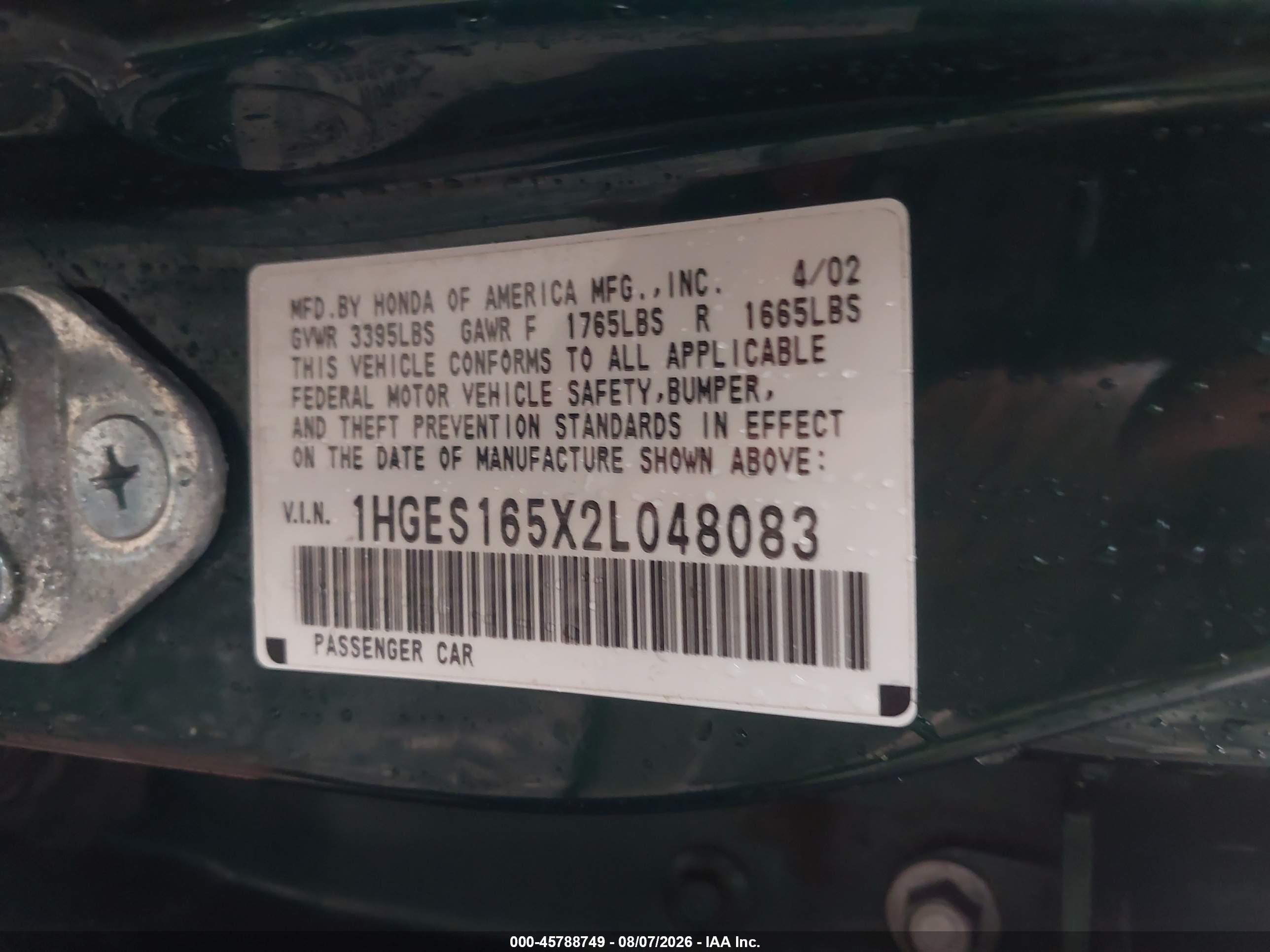 2002 Honda Civic Lx Green vin: 1HGES165X2L048083