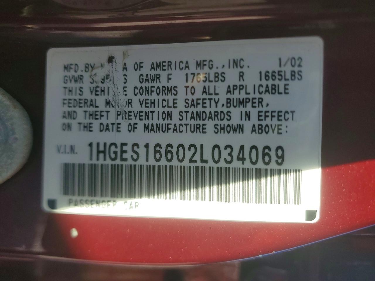 2002 Honda Civic Lx Burgundy vin: 1HGES16602L034069