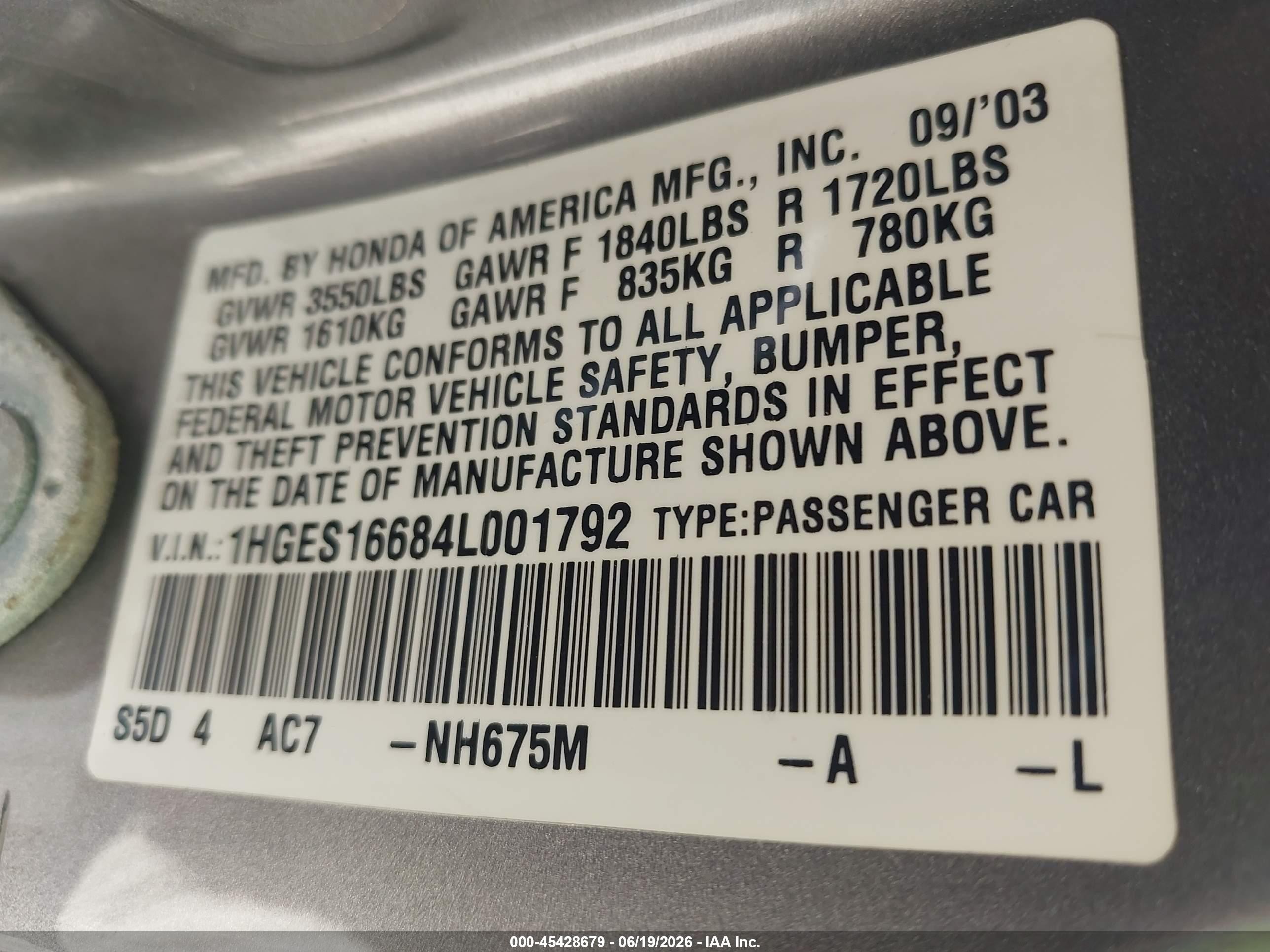 2004 Honda Civic Lx Gray vin: 1HGES16684L001792