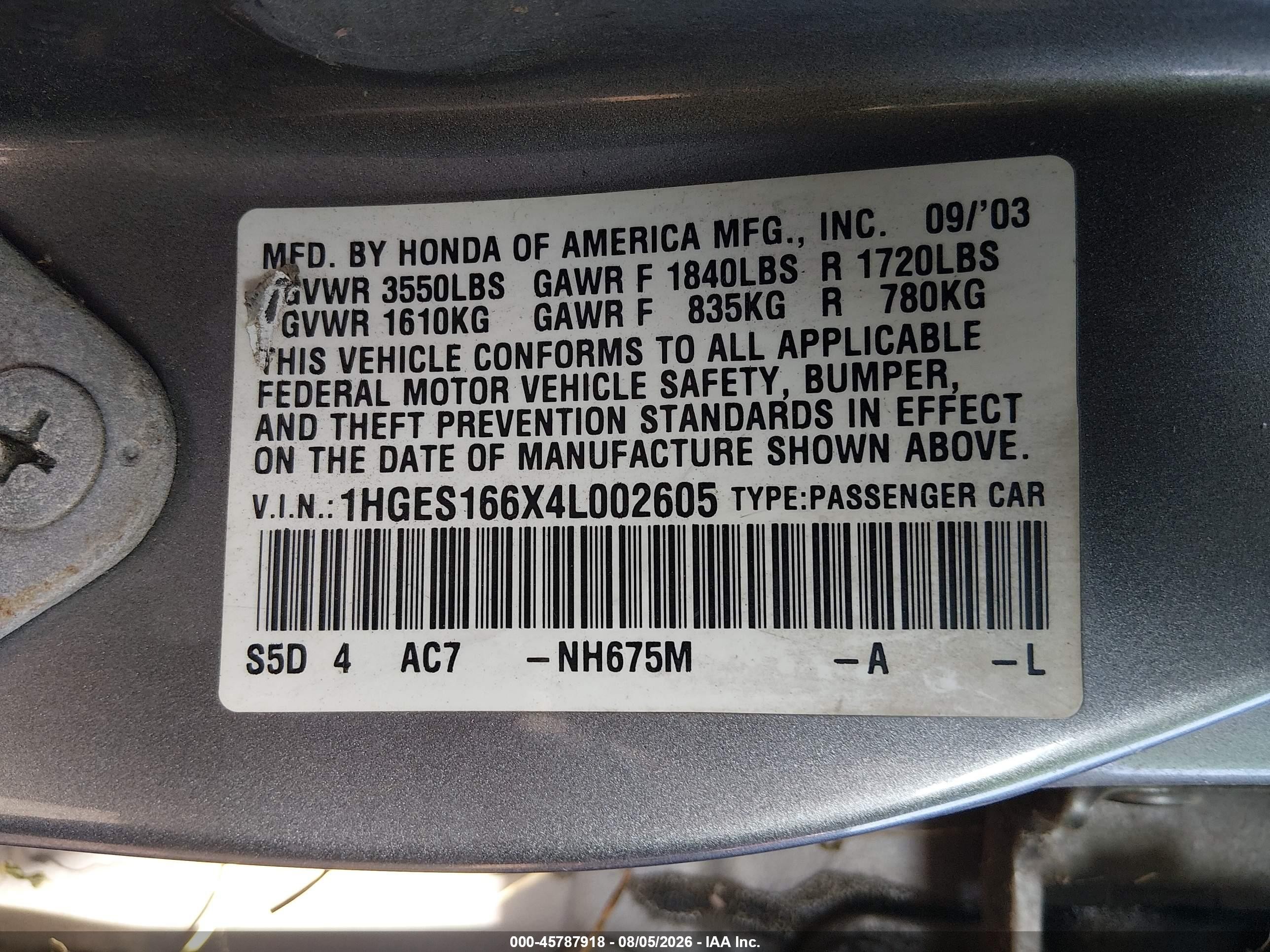 2004 Honda Civic Lx Gray vin: 1HGES166X4L002605