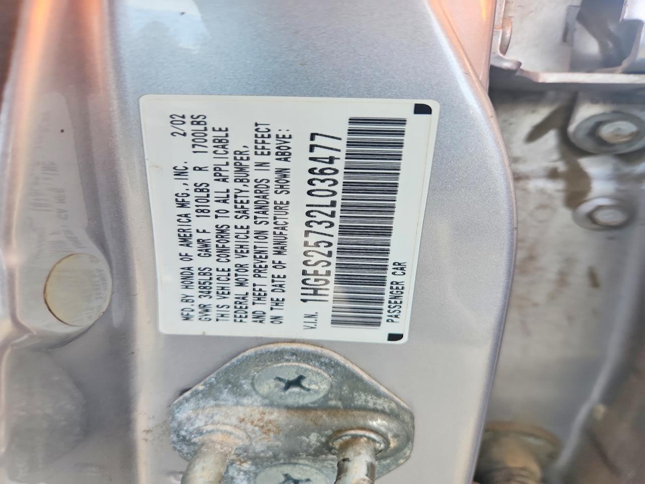 2002 Honda Civic Ex Серебряный vin: 1HGES25732L036477
