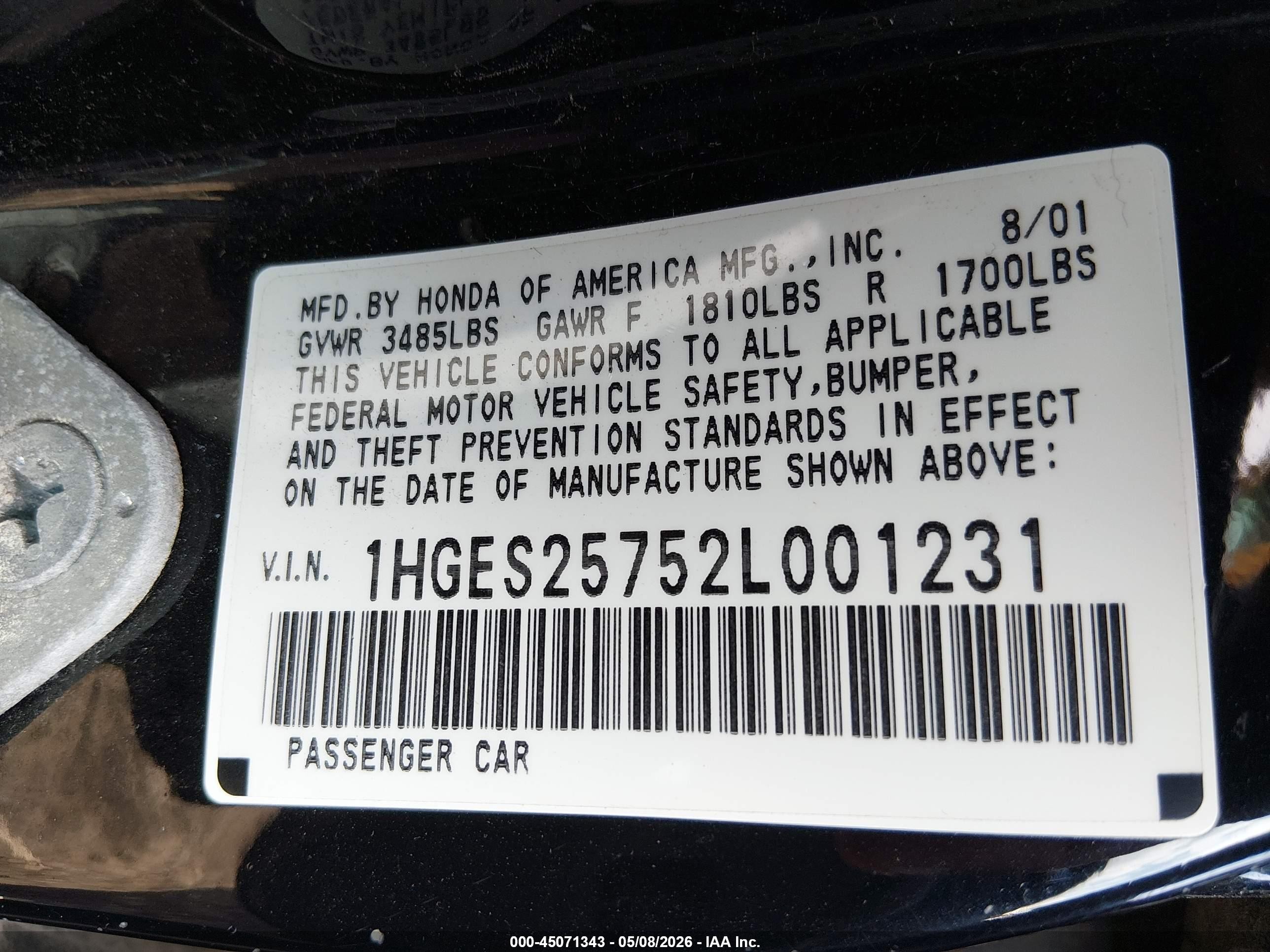 2002 Honda Civic Ex Черный vin: 1HGES25752L001231