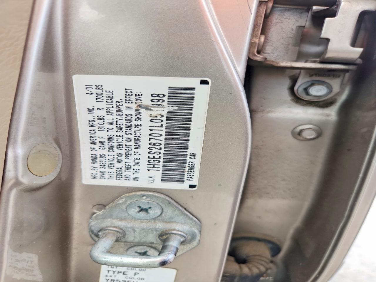 2001 Honda Civic Ex Бежевый vin: 1HGES26701L051998