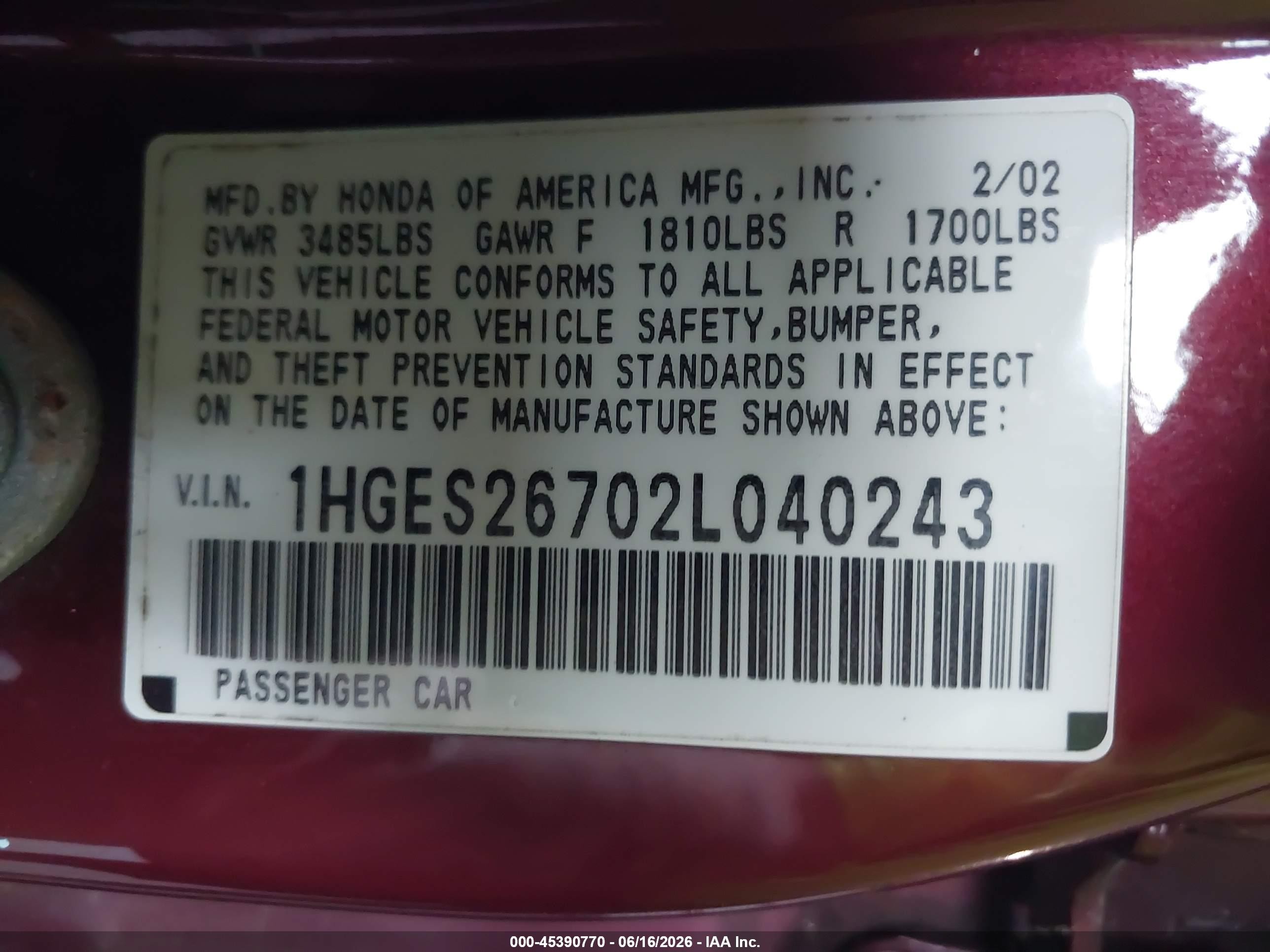 2002 Honda Civic Ex Бордовый vin: 1HGES26702L040243