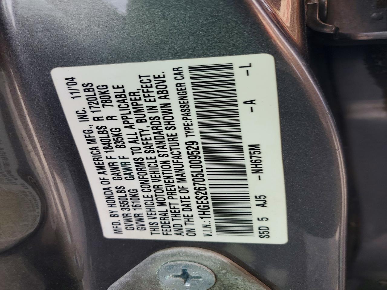 2005 Honda Civic Серый vin: 1HGES26705L009529