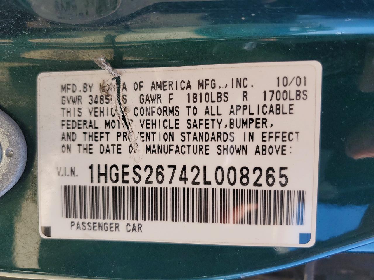 2002 Honda Civic Ex Green vin: 1HGES26742L008265