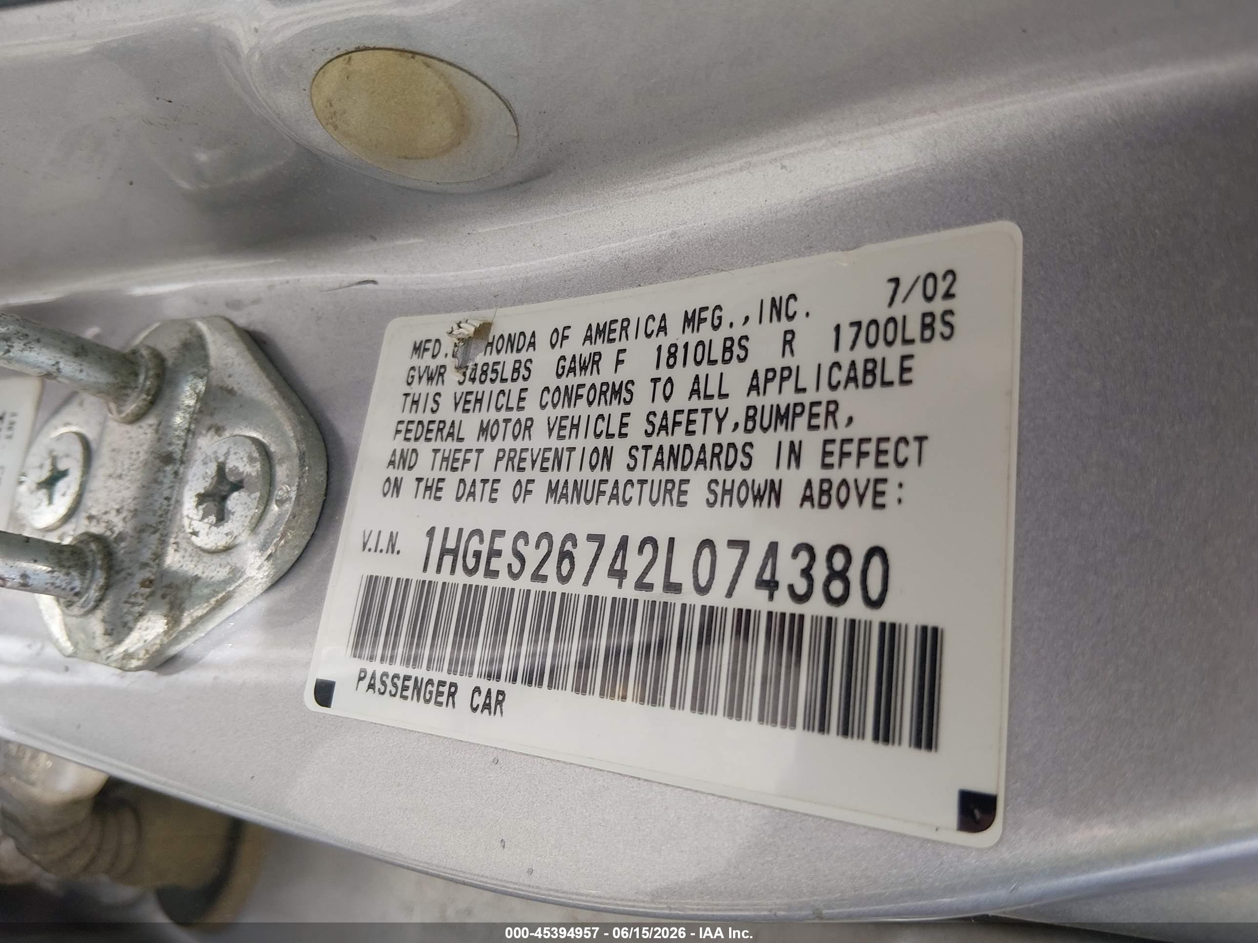 2002 Honda Civic Ex Silver vin: 1HGES26742L074380