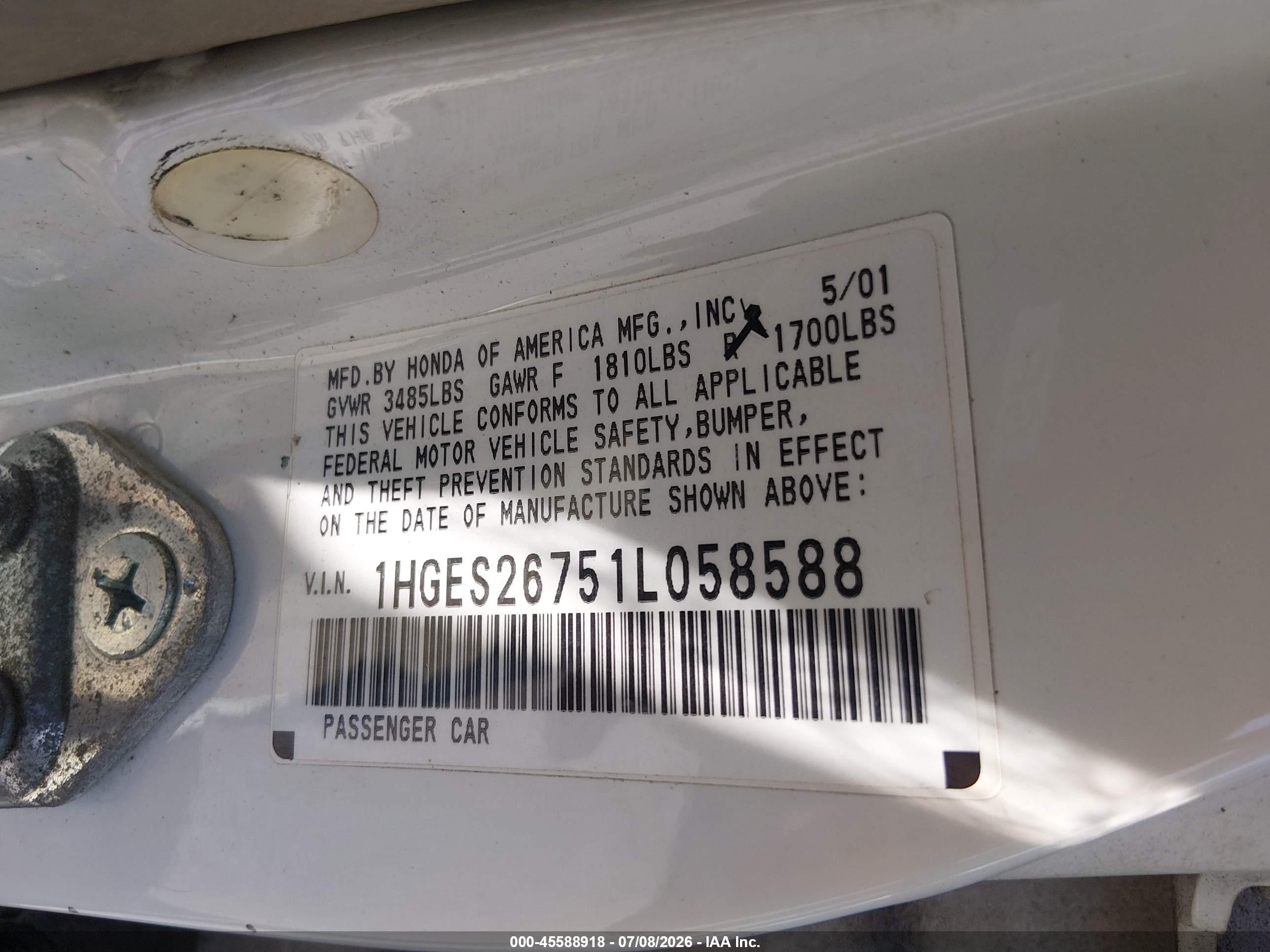 2001 Honda Civic Ex White vin: 1HGES26751L058588