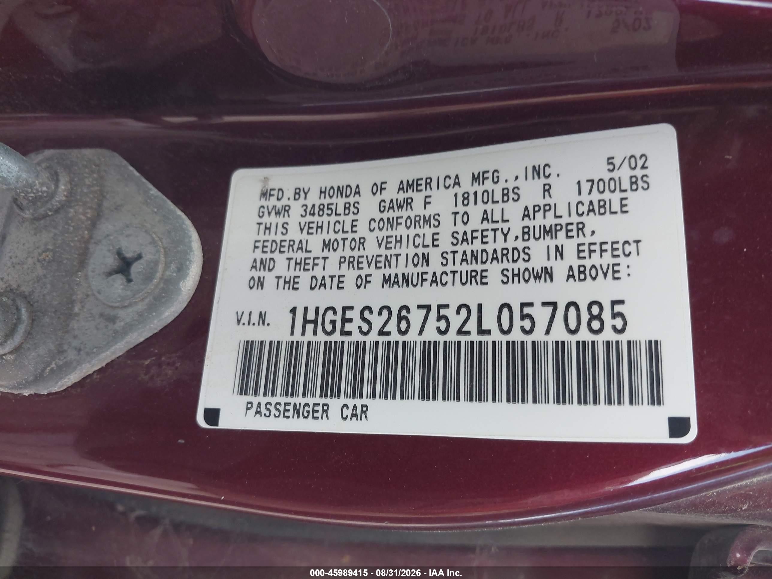 2002 Honda Civic Ex Maroon vin: 1HGES26752L057085