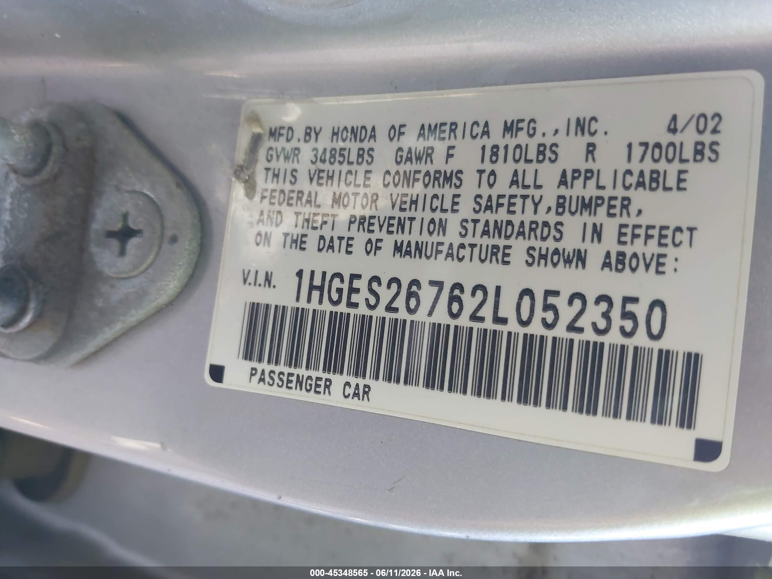 2002 Honda Civic Ex Silver vin: 1HGES26762L052350