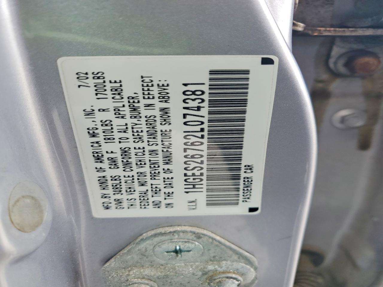 2002 Honda Civic Ex Серебряный vin: 1HGES26762L074381