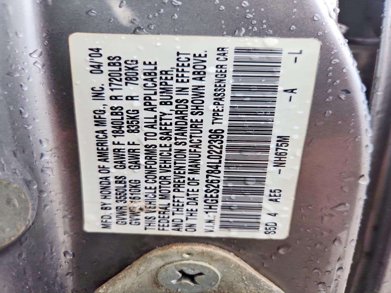 2004 Honda Civic Gray vin: 1HGES26784L022396