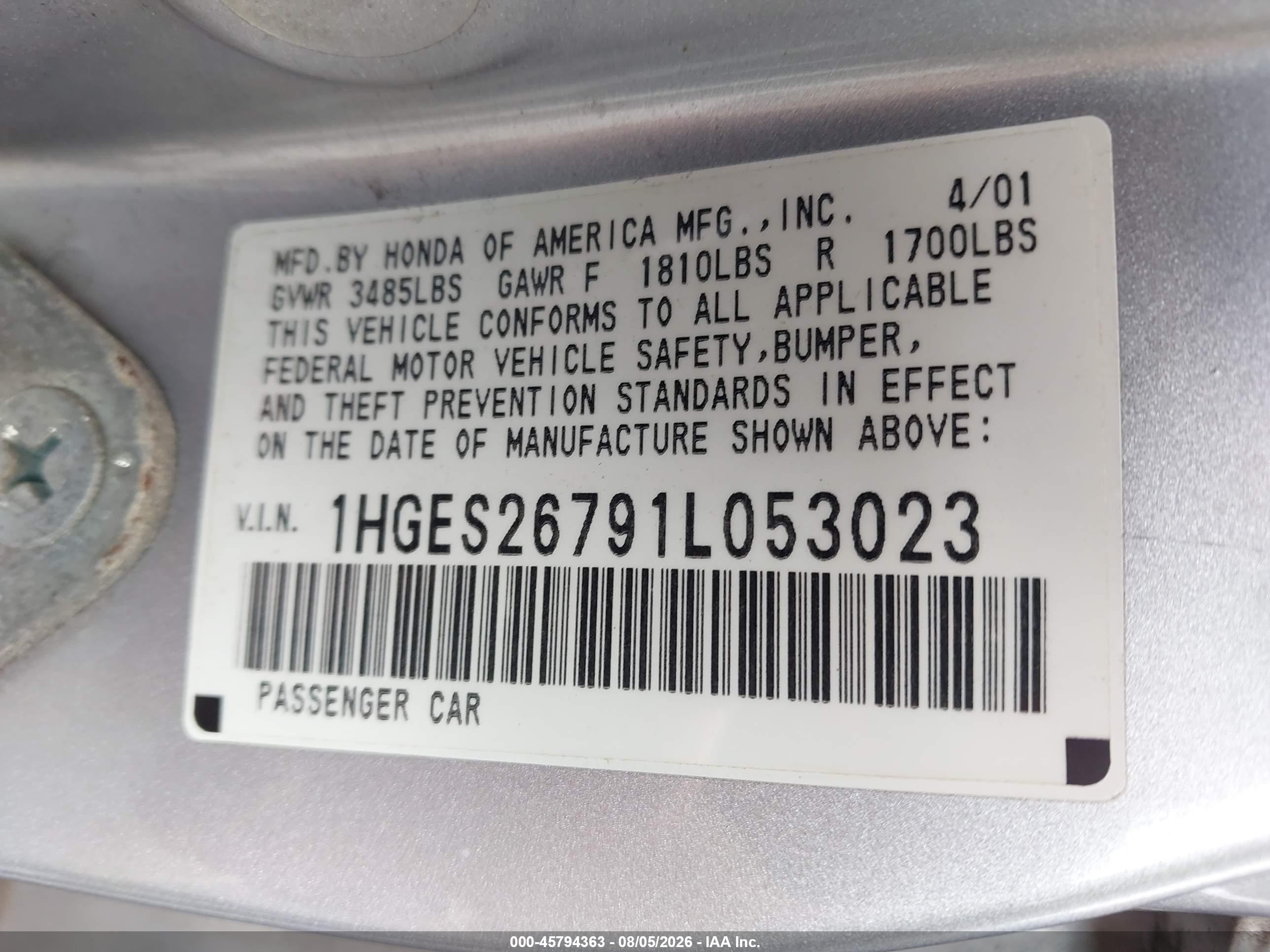 2001 Honda Civic Ex Silver vin: 1HGES26791L053023