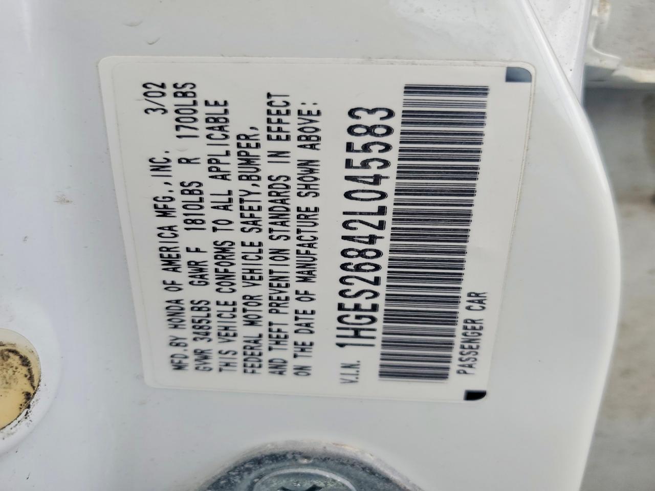 2002 Honda Civic Ex Белый vin: 1HGES26842L045583