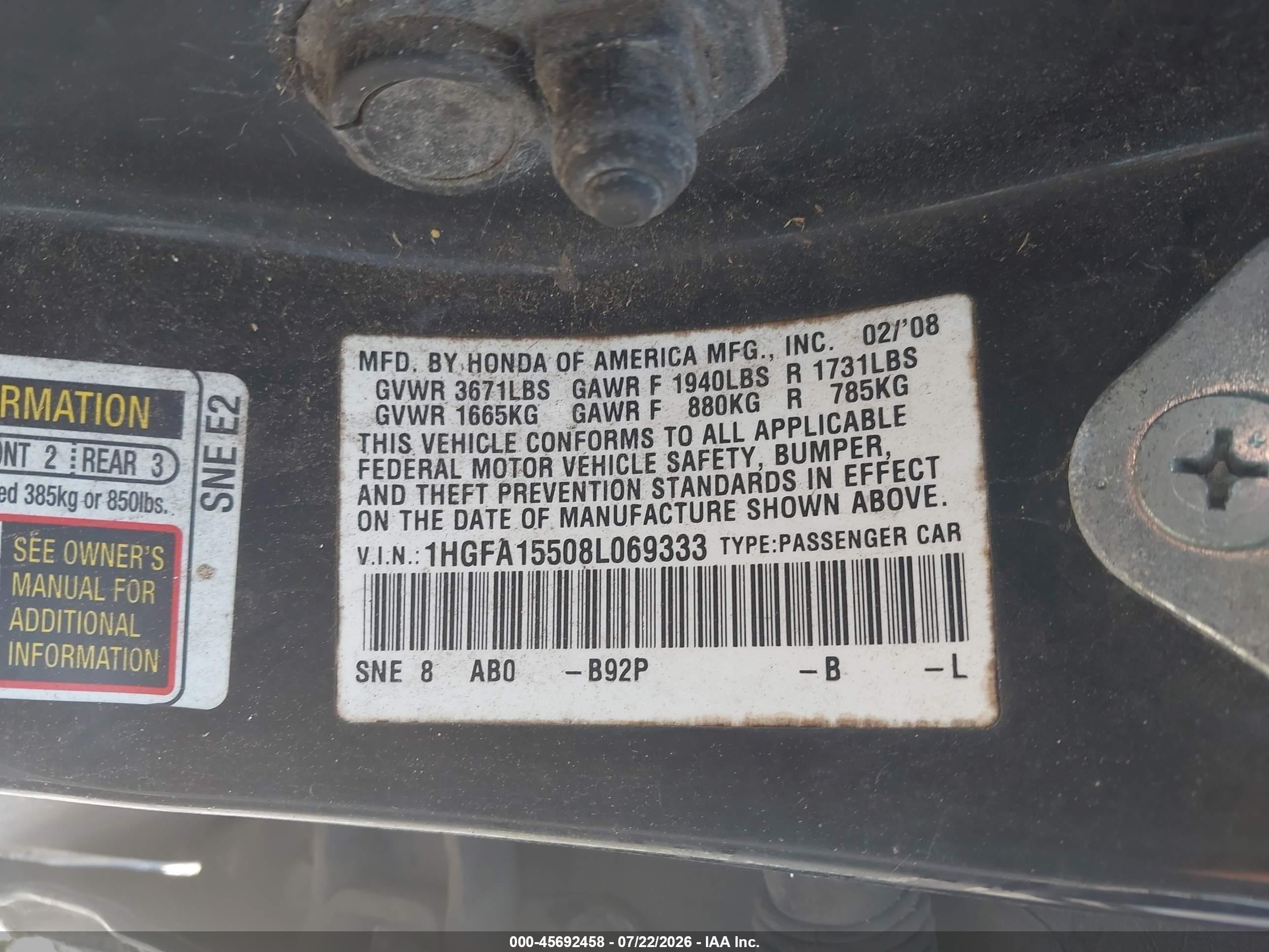 2008 Honda Civic Lx Black vin: 1HGFA15508L069333
