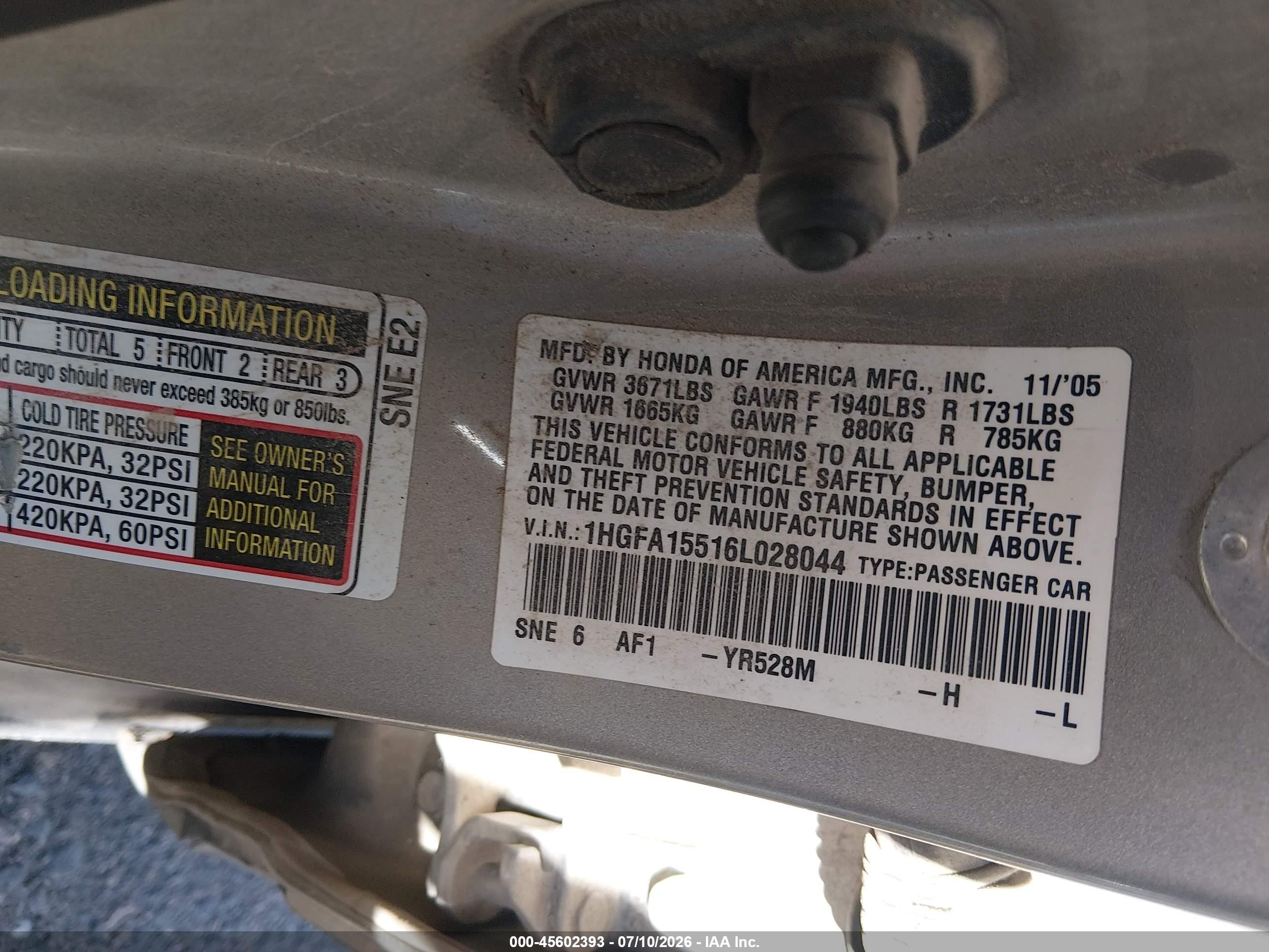 2006 Honda Civic Lx Gold vin: 1HGFA15516L028044