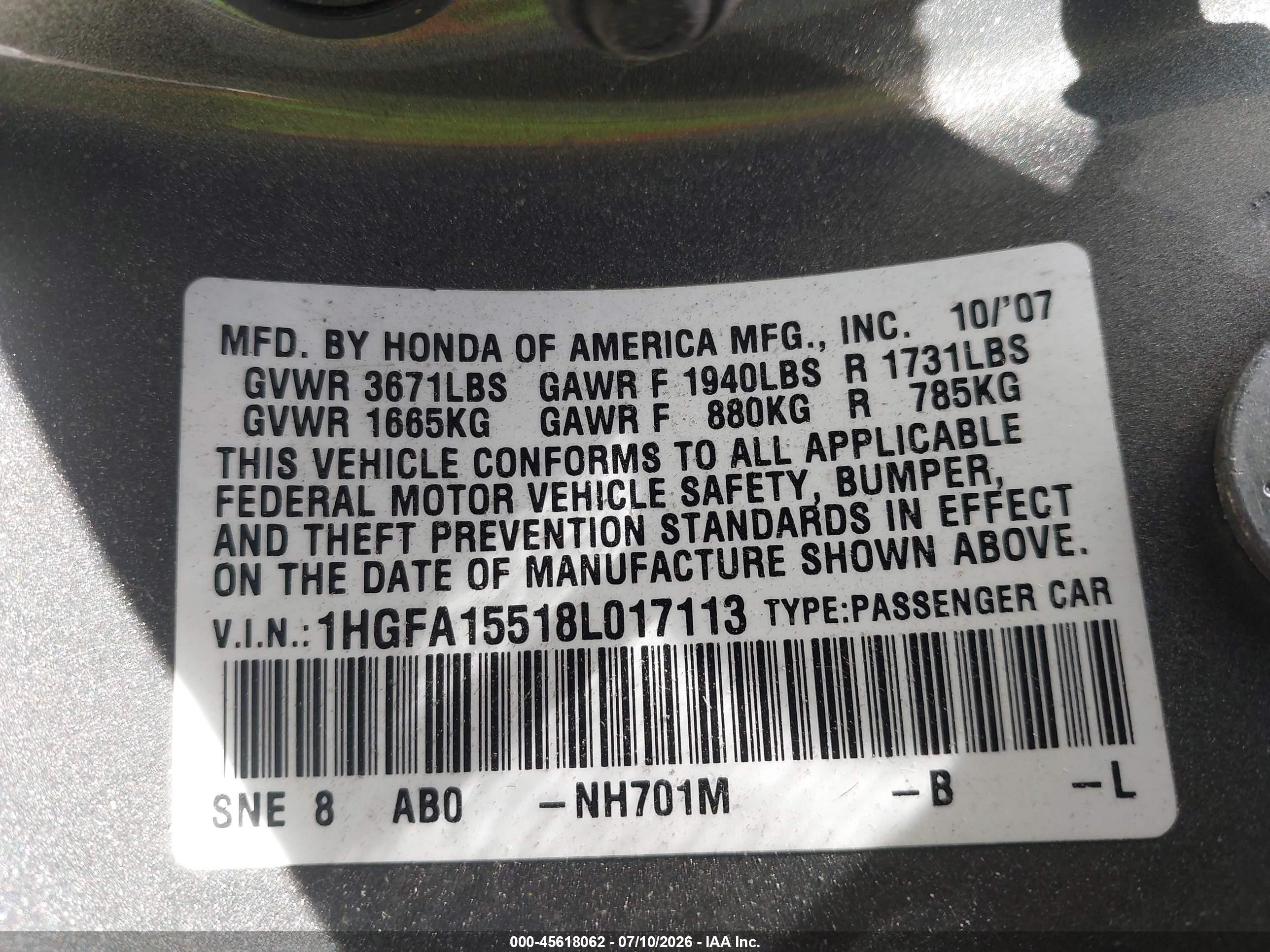 2008 Honda Civic Lx Gray vin: 1HGFA15518L017113