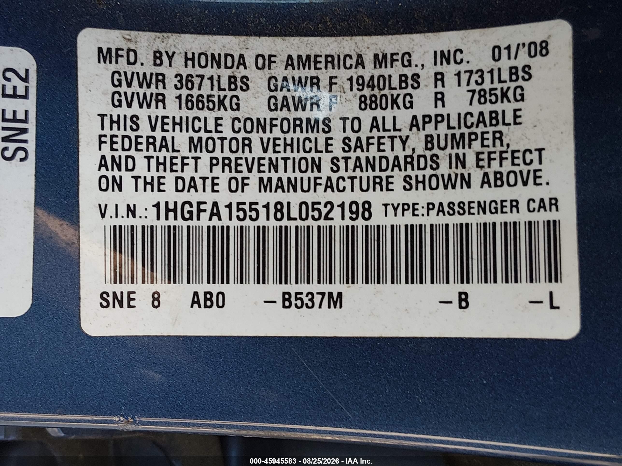 2008 Honda Civic Lx Blue vin: 1HGFA15518L052198