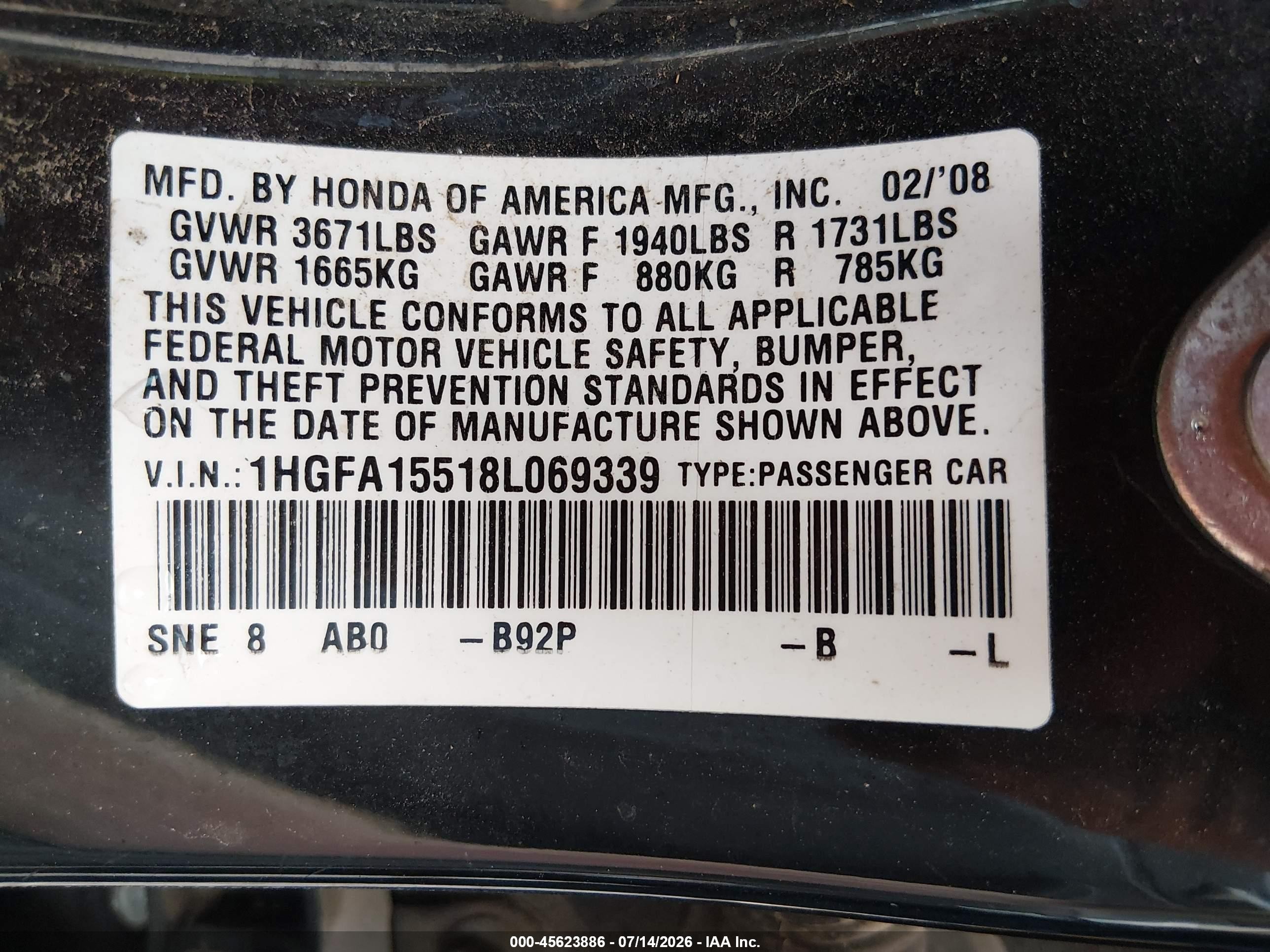 2008 Honda Civic Lx Black vin: 1HGFA15518L069339