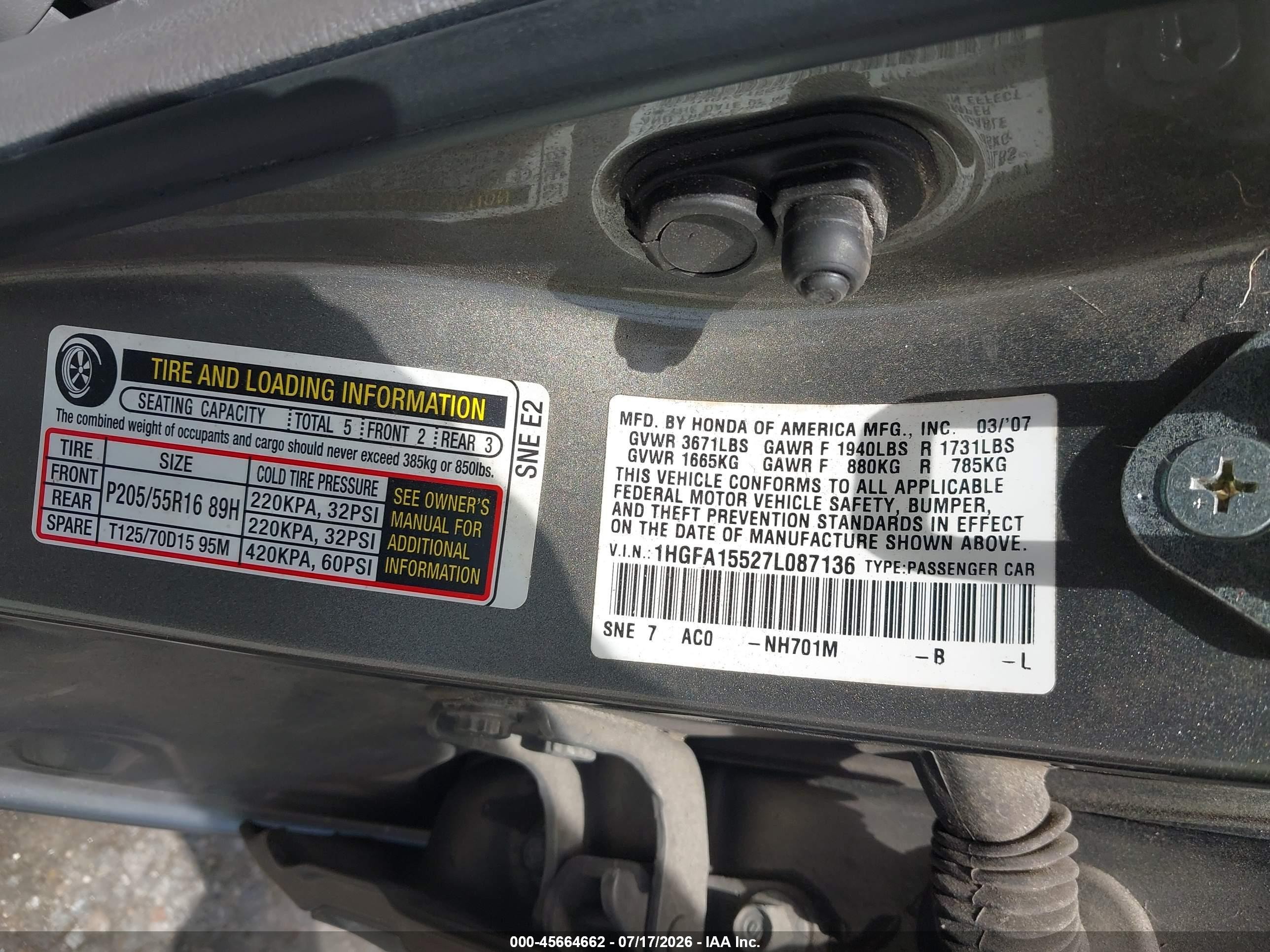 2007 Honda Civic Lx Серый vin: 1HGFA15527L087136