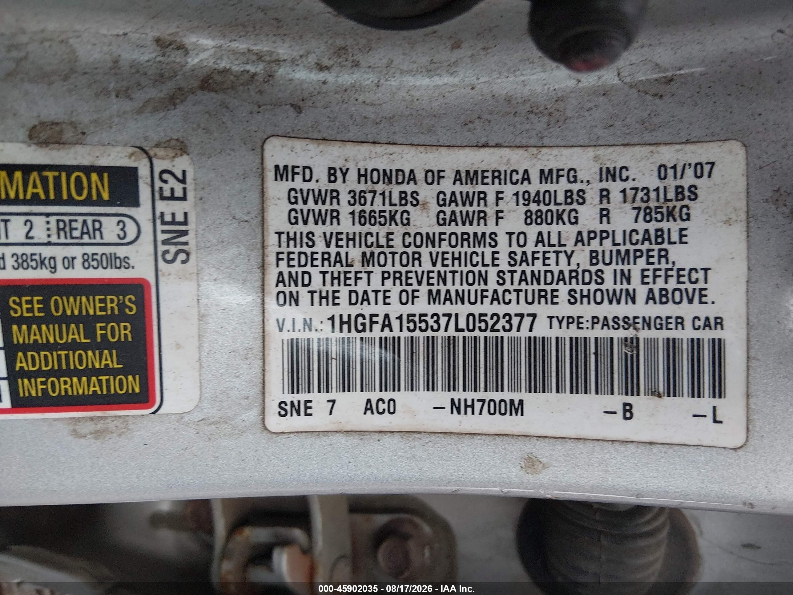 2007 Honda Civic Lx Silver vin: 1HGFA15537L052377