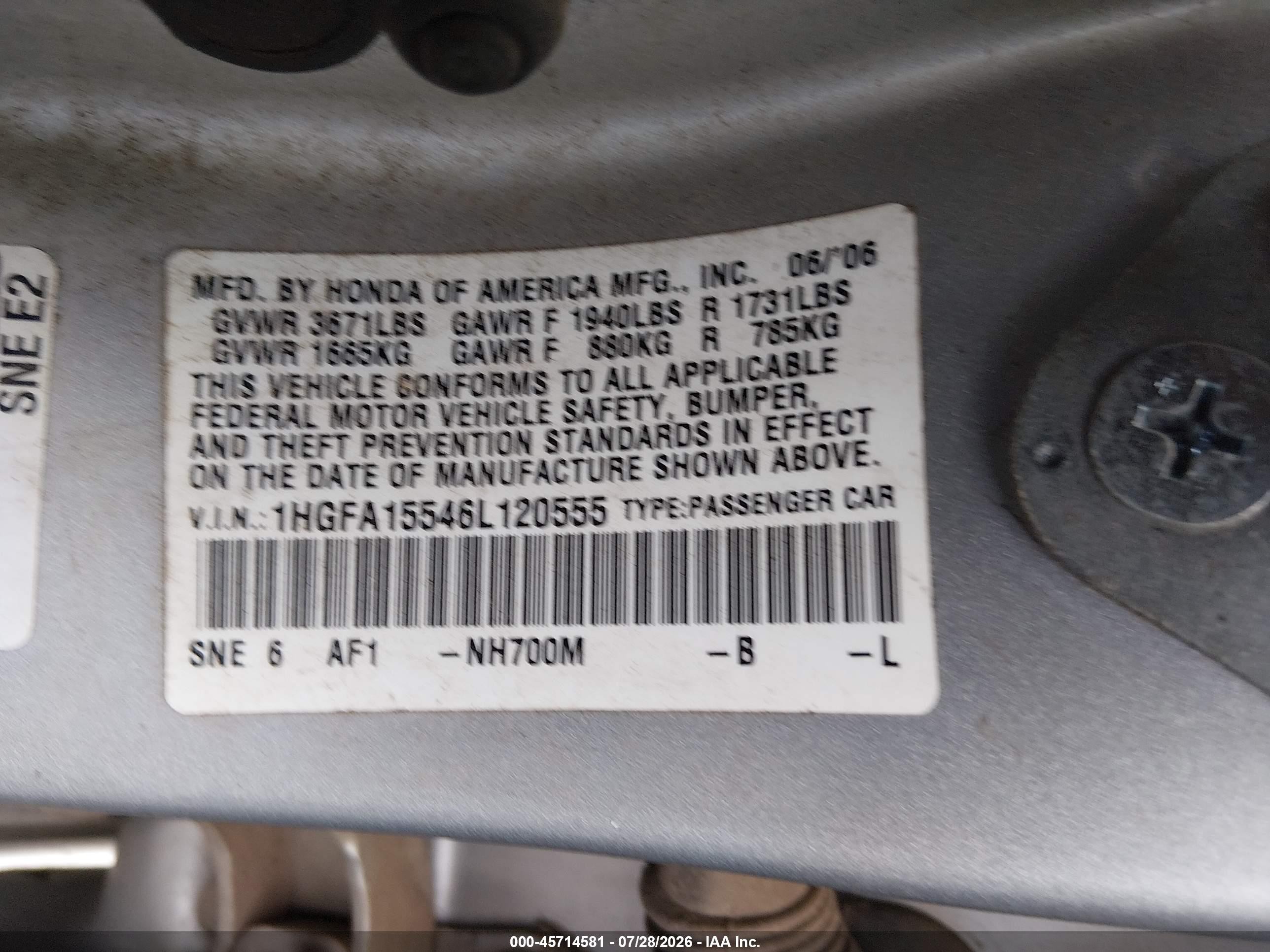 2006 Honda Civic Lx Silver vin: 1HGFA15546L120555