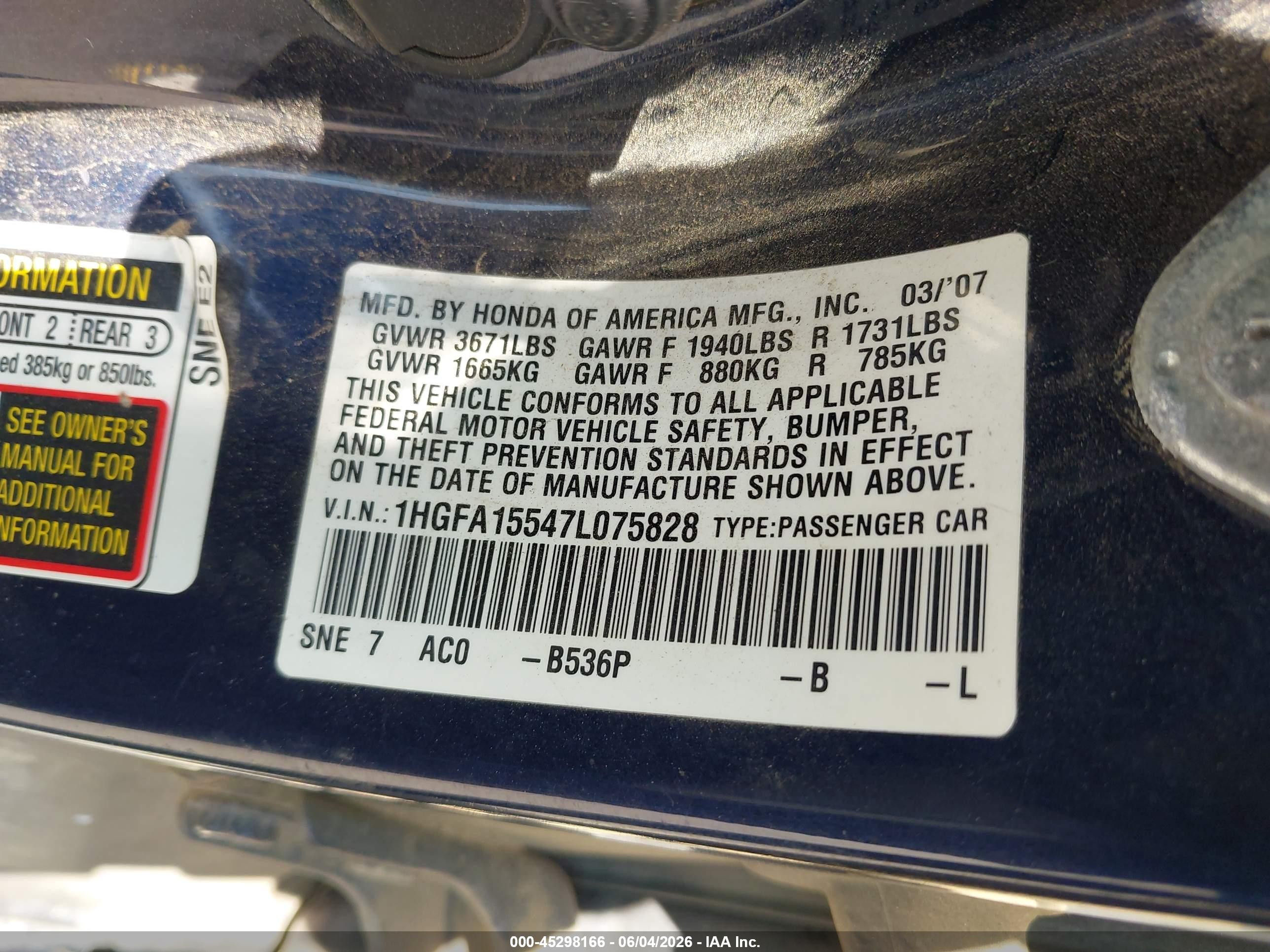 2007 Honda Civic Lx Blue vin: 1HGFA15547L075828