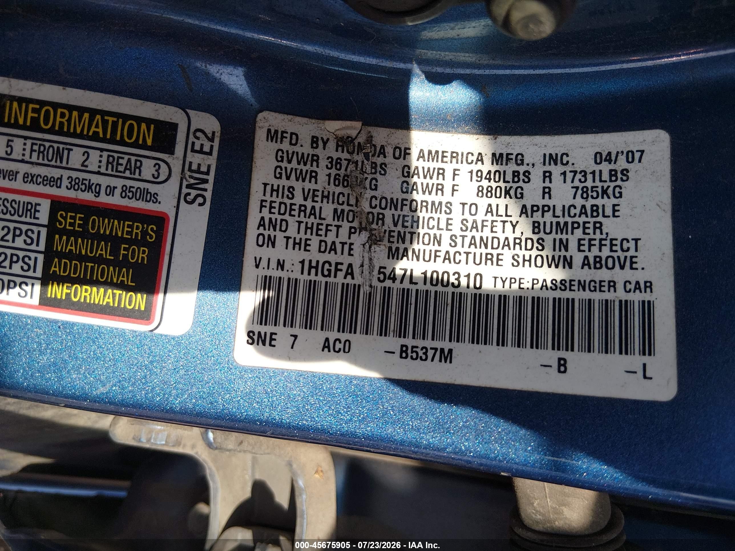 2007 Honda Civic Lx Синий vin: 1HGFA15547L100310
