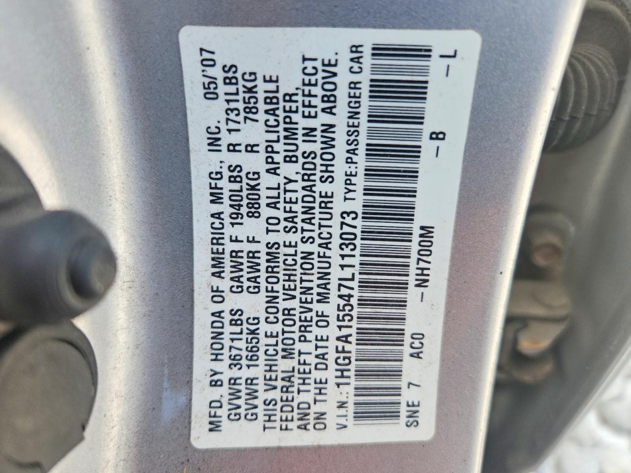 2007 Honda Civic Lx Silver vin: 1HGFA15547L113073