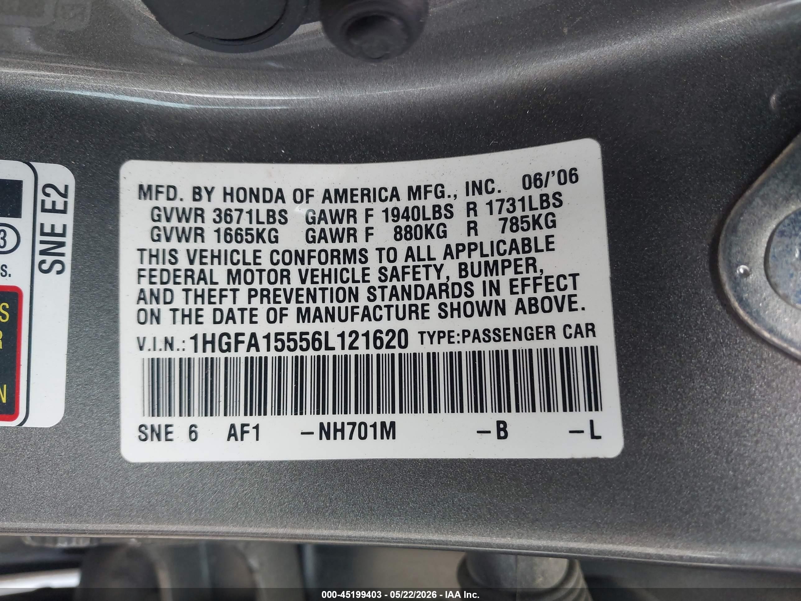 2006 Honda Civic Lx Gray vin: 1HGFA15556L121620