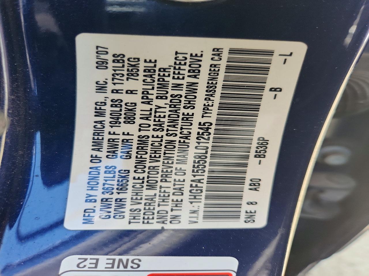 2008 Honda Civic Lx Blue vin: 1HGFA15558L012545