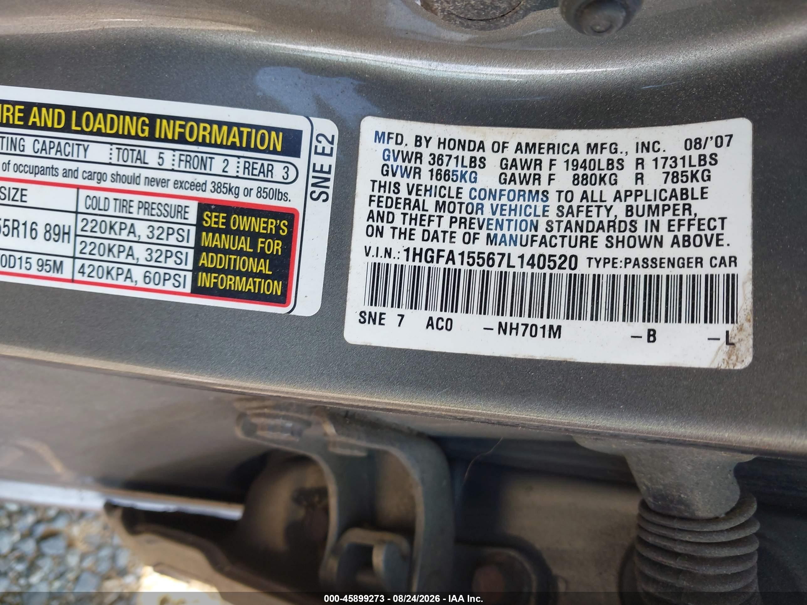 2007 Honda Civic Lx Gray vin: 1HGFA15567L140520