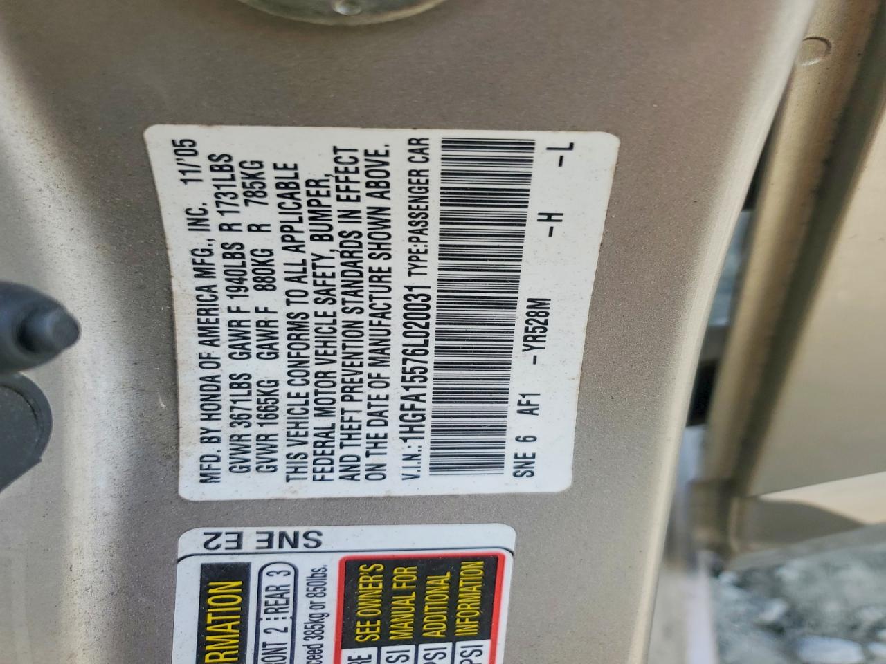 2006 Honda Civic Lx Gold vin: 1HGFA15576L020031