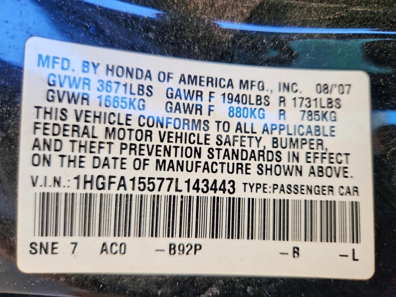 2007 Honda Civic Lx Black vin: 1HGFA15577L143443