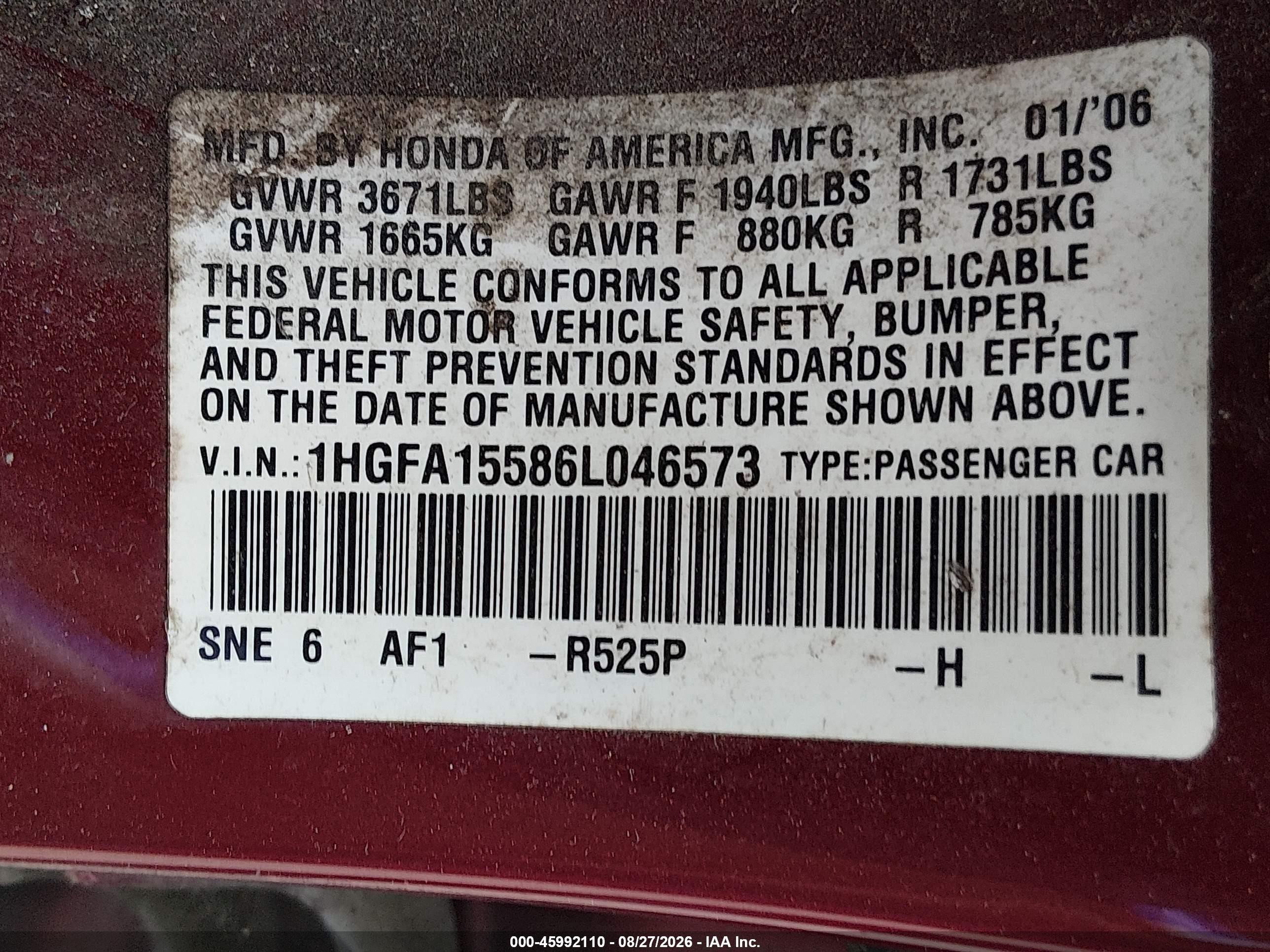 2006 Honda Civic Lx Burgundy vin: 1HGFA15586L046573
