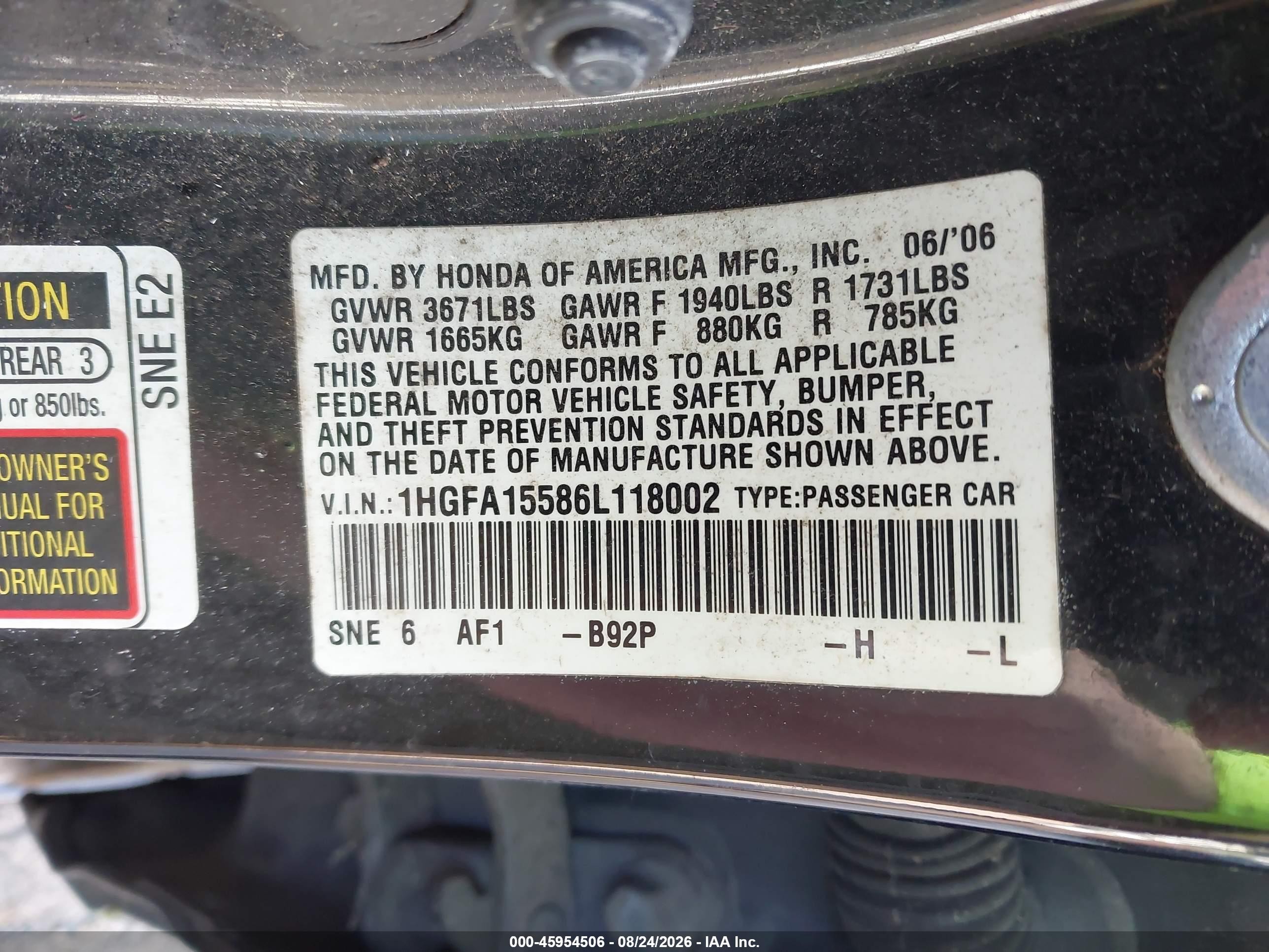 2006 Honda Civic Lx Black vin: 1HGFA15586L118002