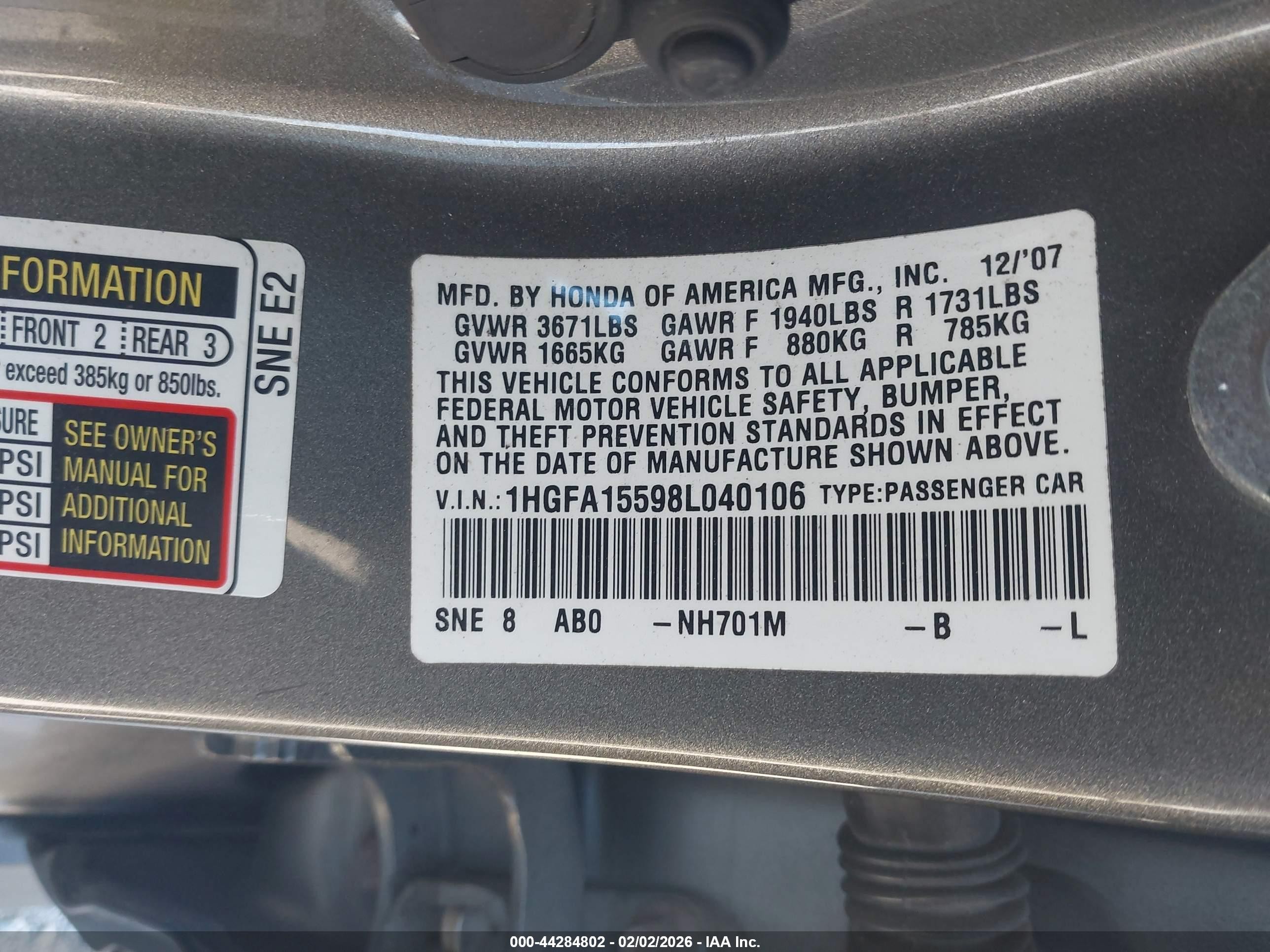 2008 Honda Civic Lx Gray vin: 1HGFA15598L040106